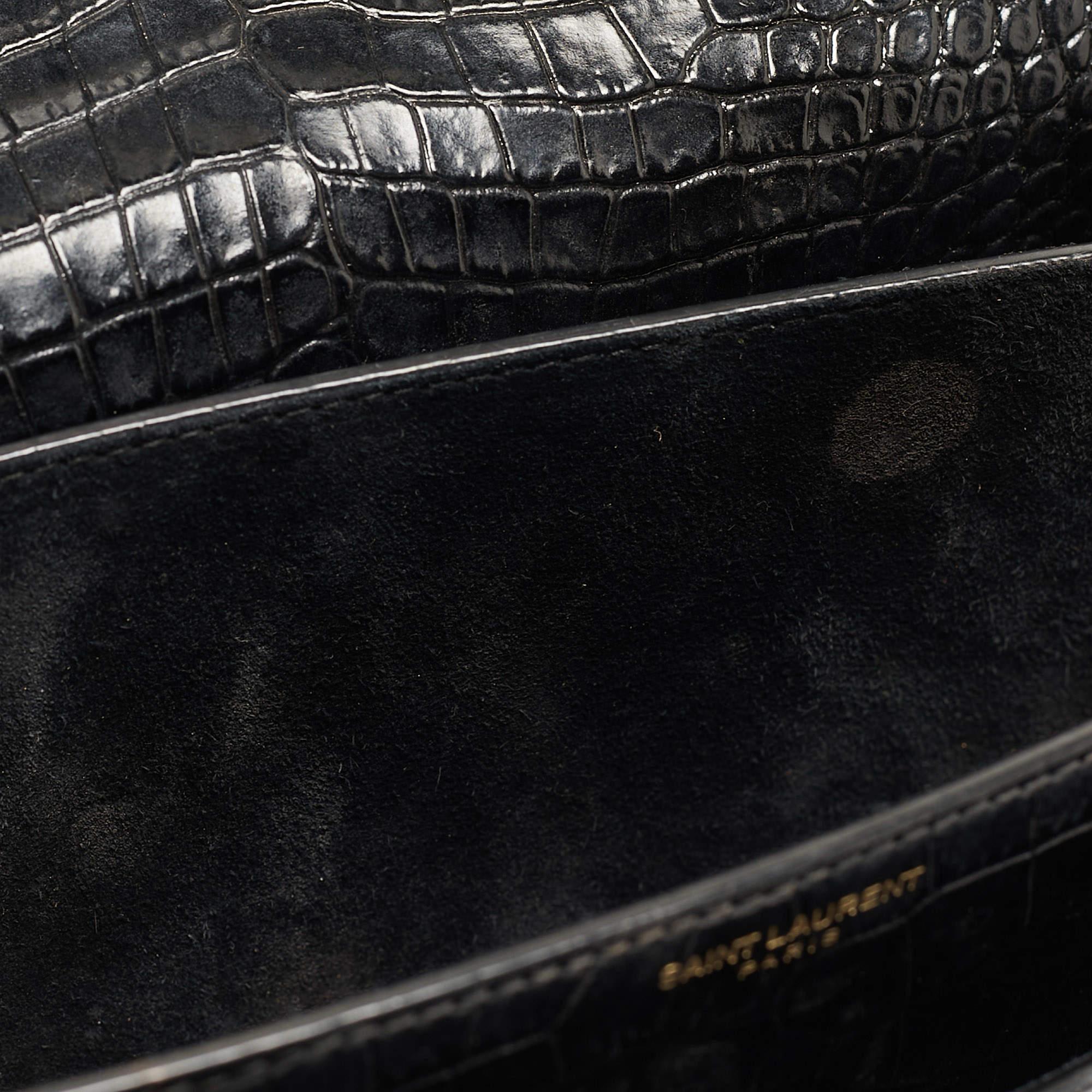 Women's Saint Laurent Black Croc Embossed Leather Medium Sunset Bag