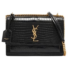 Saint Laurent Schwarze Sonnenset-Tasche aus Leder mit Krokodillederprägung Medium