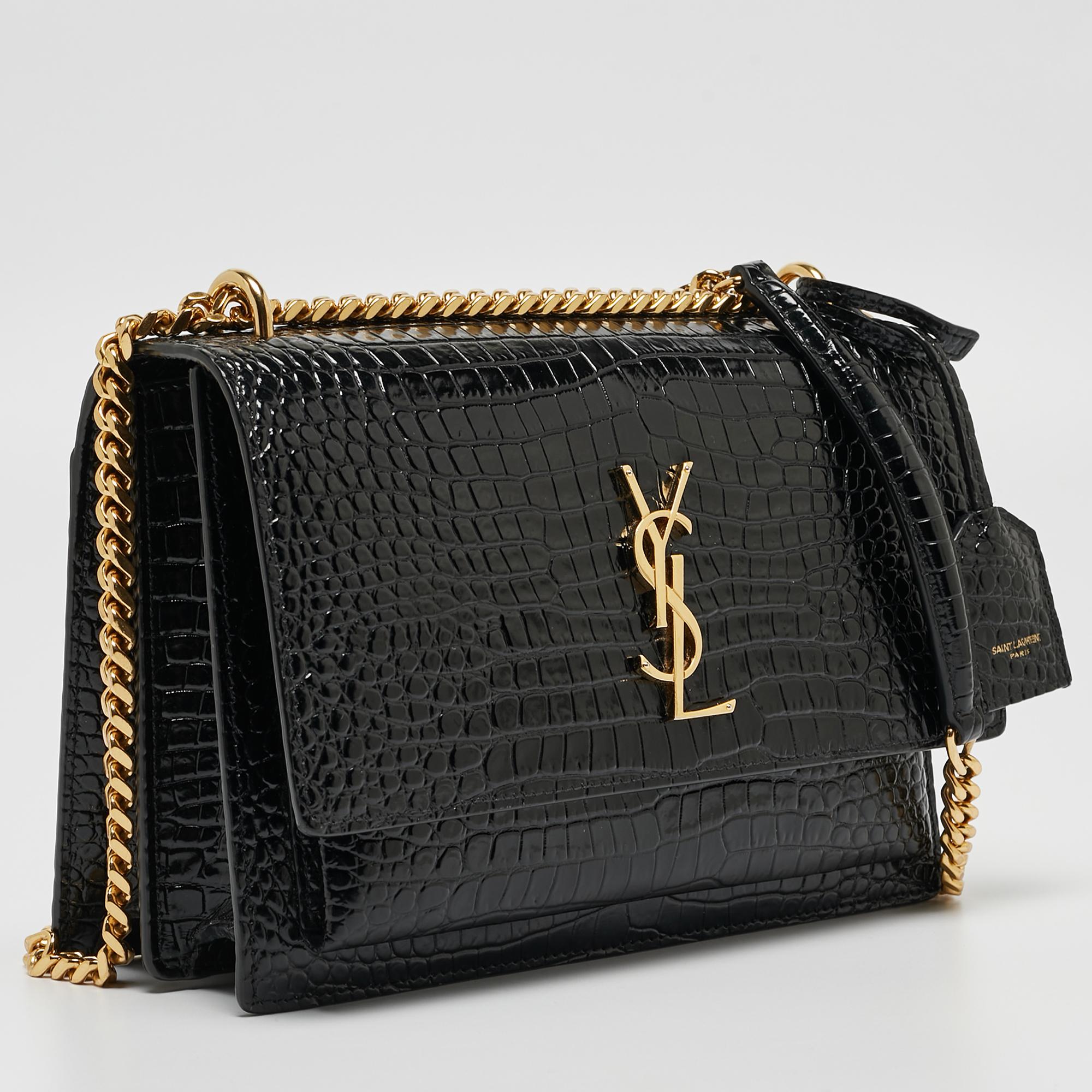 Saint Laurent Black Croc Embossed Leather Medium Sunset Shoulder Bag 13