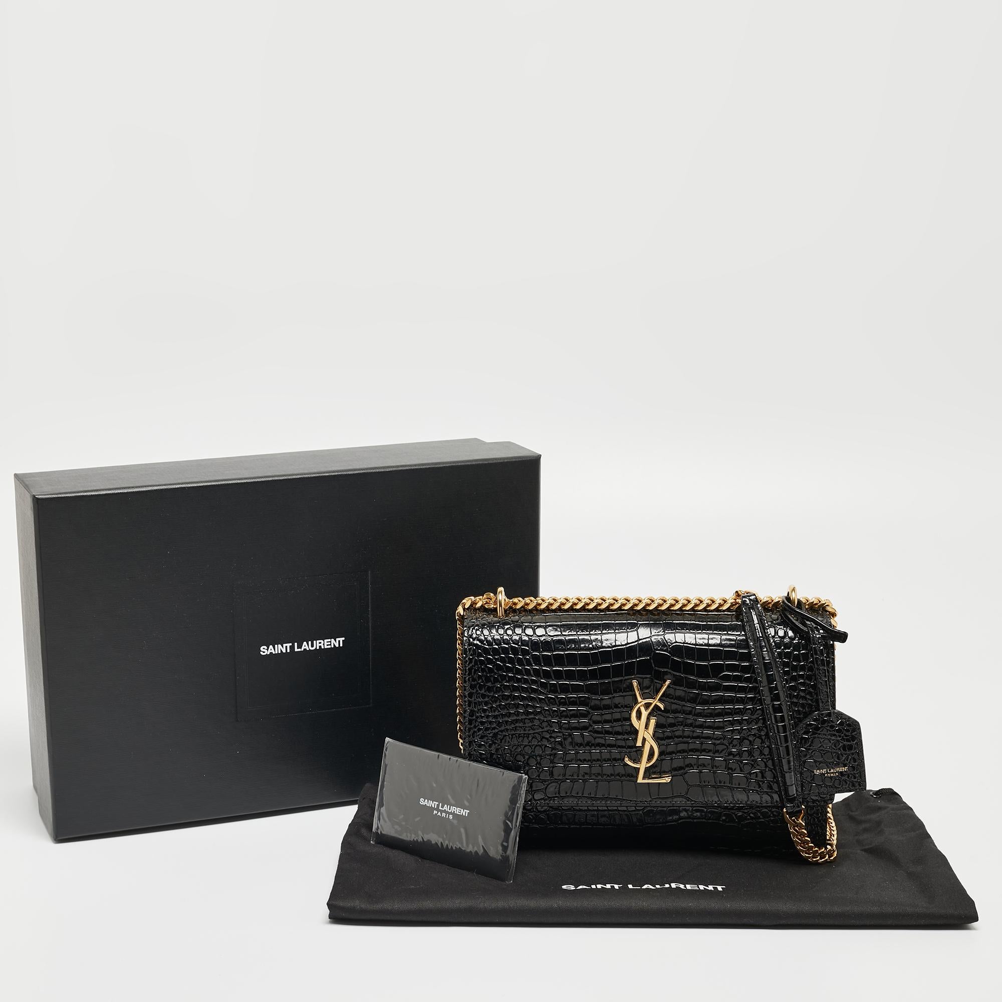 Saint Laurent Black Croc Embossed Leather Medium Sunset Shoulder Bag 15
