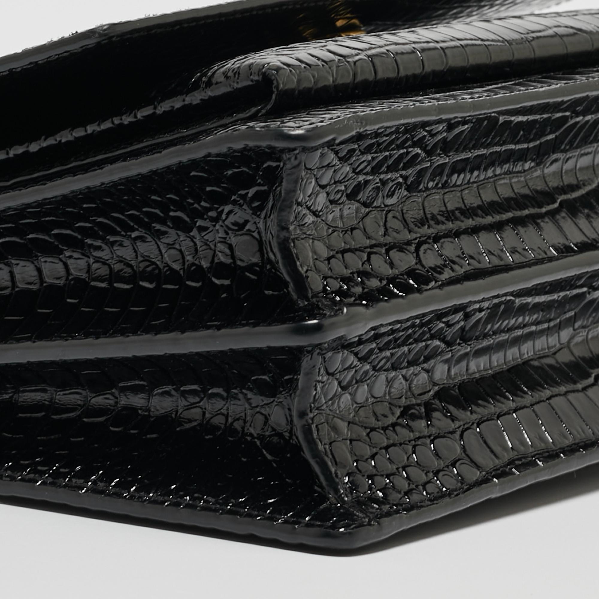 Saint Laurent Black Croc Embossed Leather Medium Sunset Shoulder Bag In Excellent Condition In Dubai, Al Qouz 2
