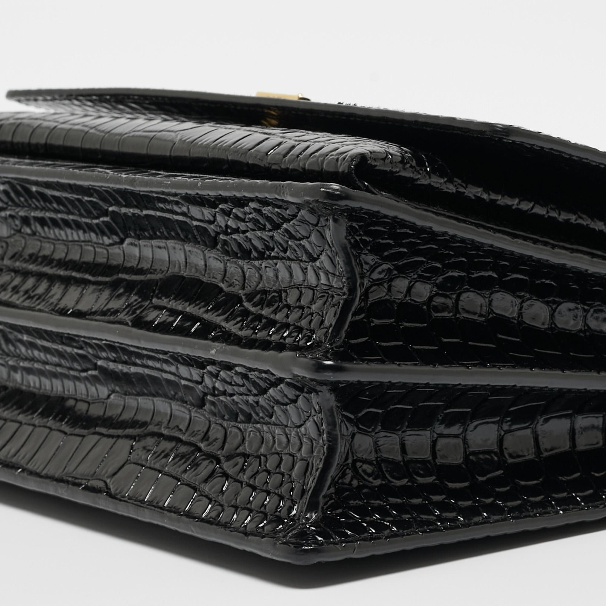 Women's Saint Laurent Black Croc Embossed Leather Medium Sunset Shoulder Bag