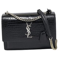 Saint Laurent Black Croc Embossed Leather Medium Sunset Shoulder Bag