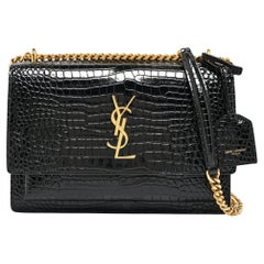 Saint Laurent Black Croc Embossed Leather Medium Sunset Shoulder Bag