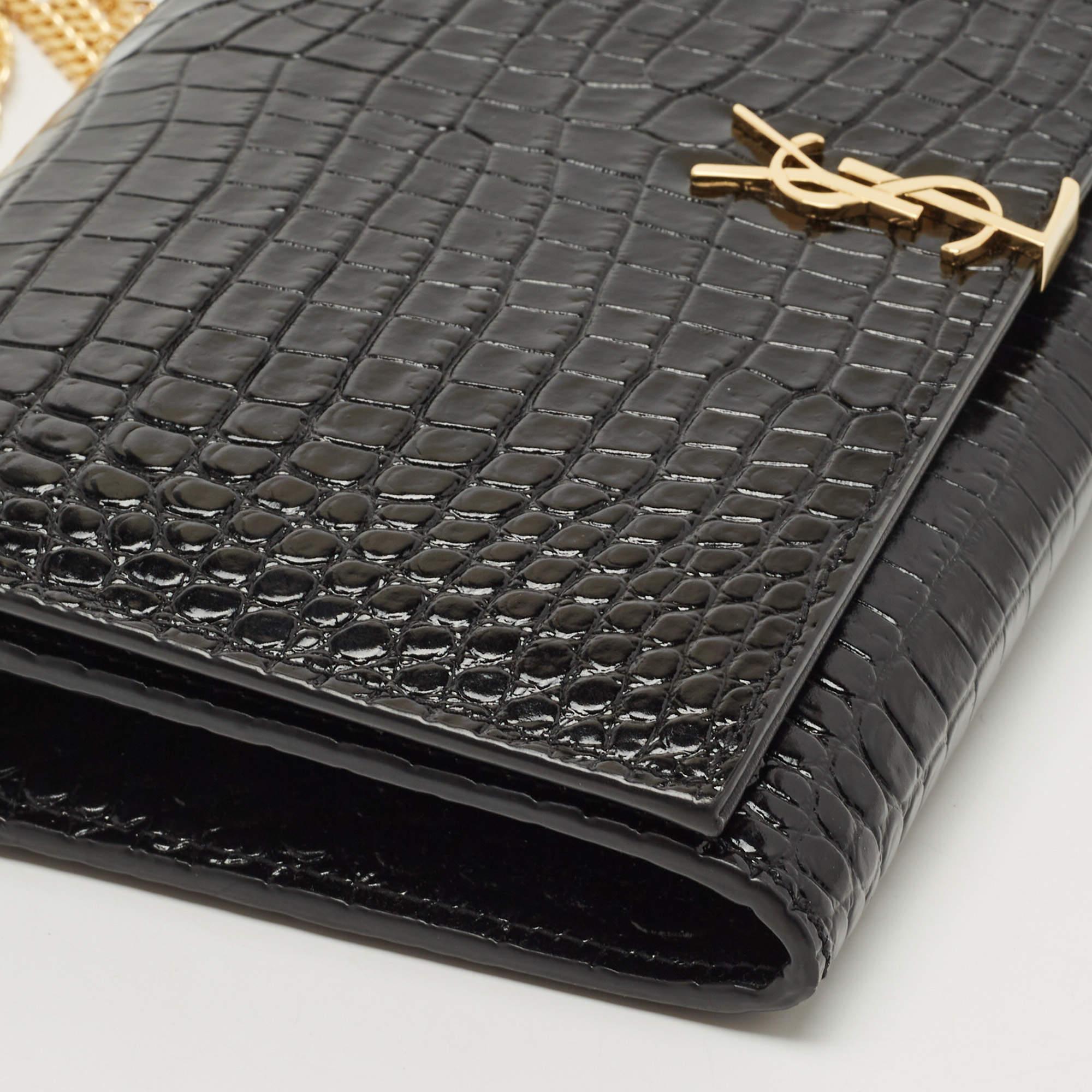 Saint Laurent Black Croc Embossed Leather Monogram Wallet On Chain 6