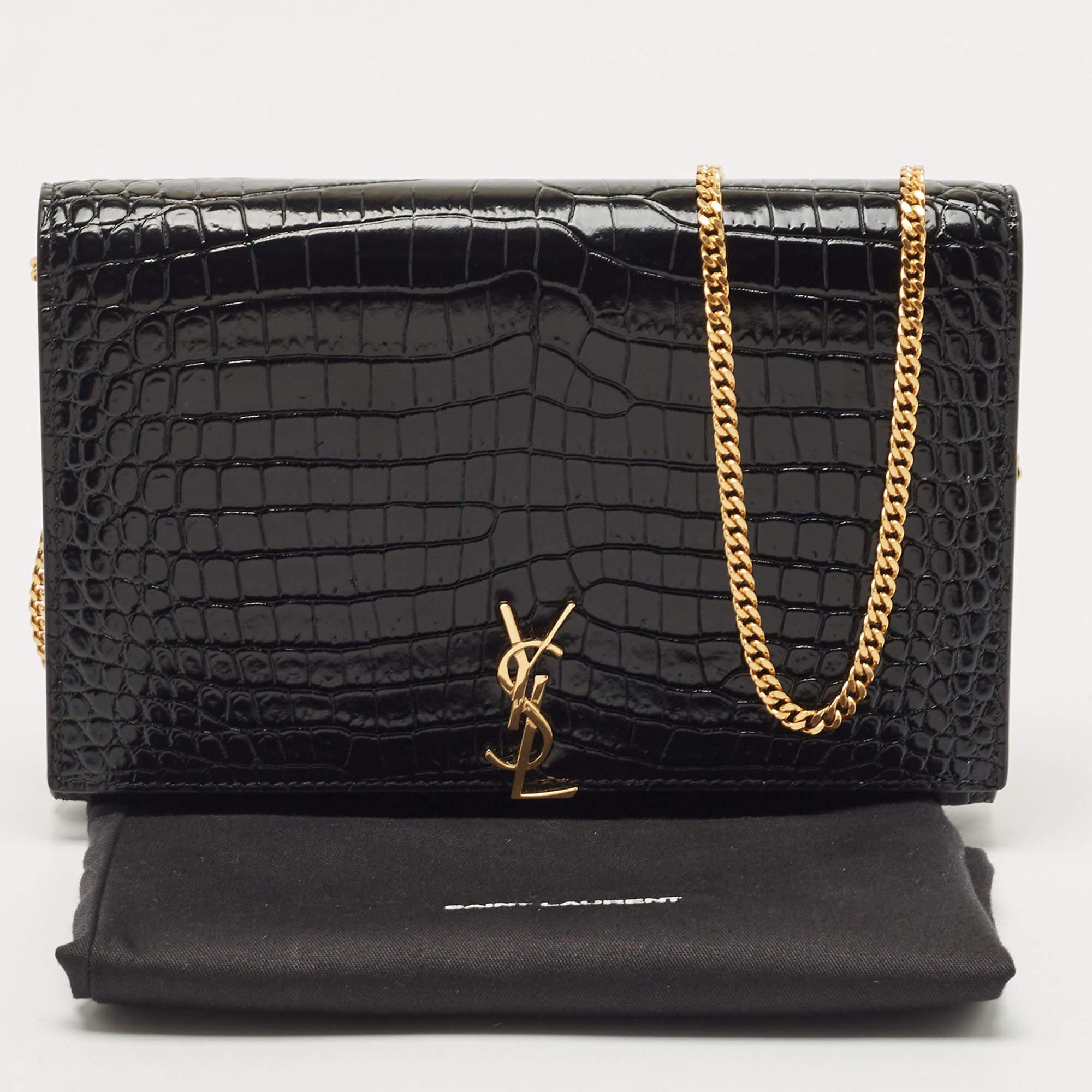 Saint Laurent Black Croc Embossed Leather Monogram Wallet On Chain 8