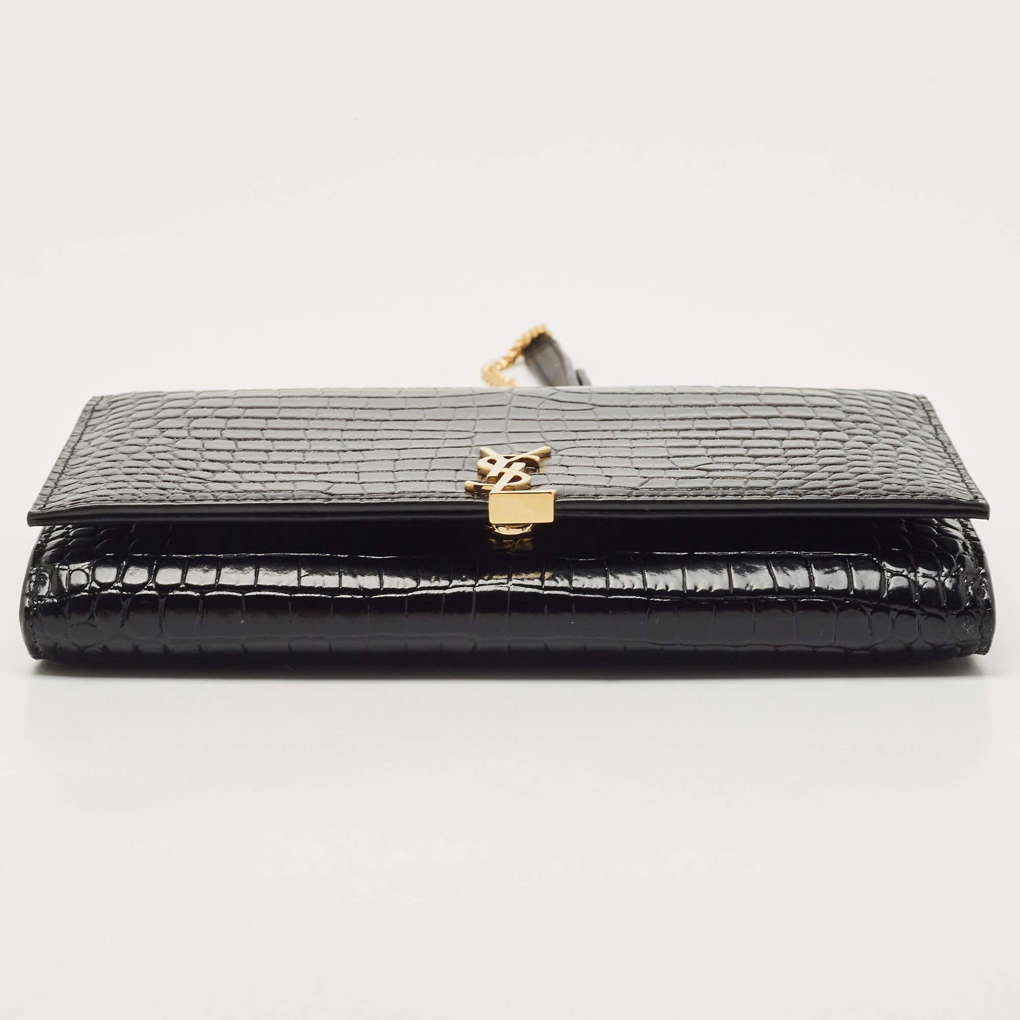 Saint Laurent Black Croc Embossed Leather Monogram Wallet On Chain In New Condition In Dubai, Al Qouz 2