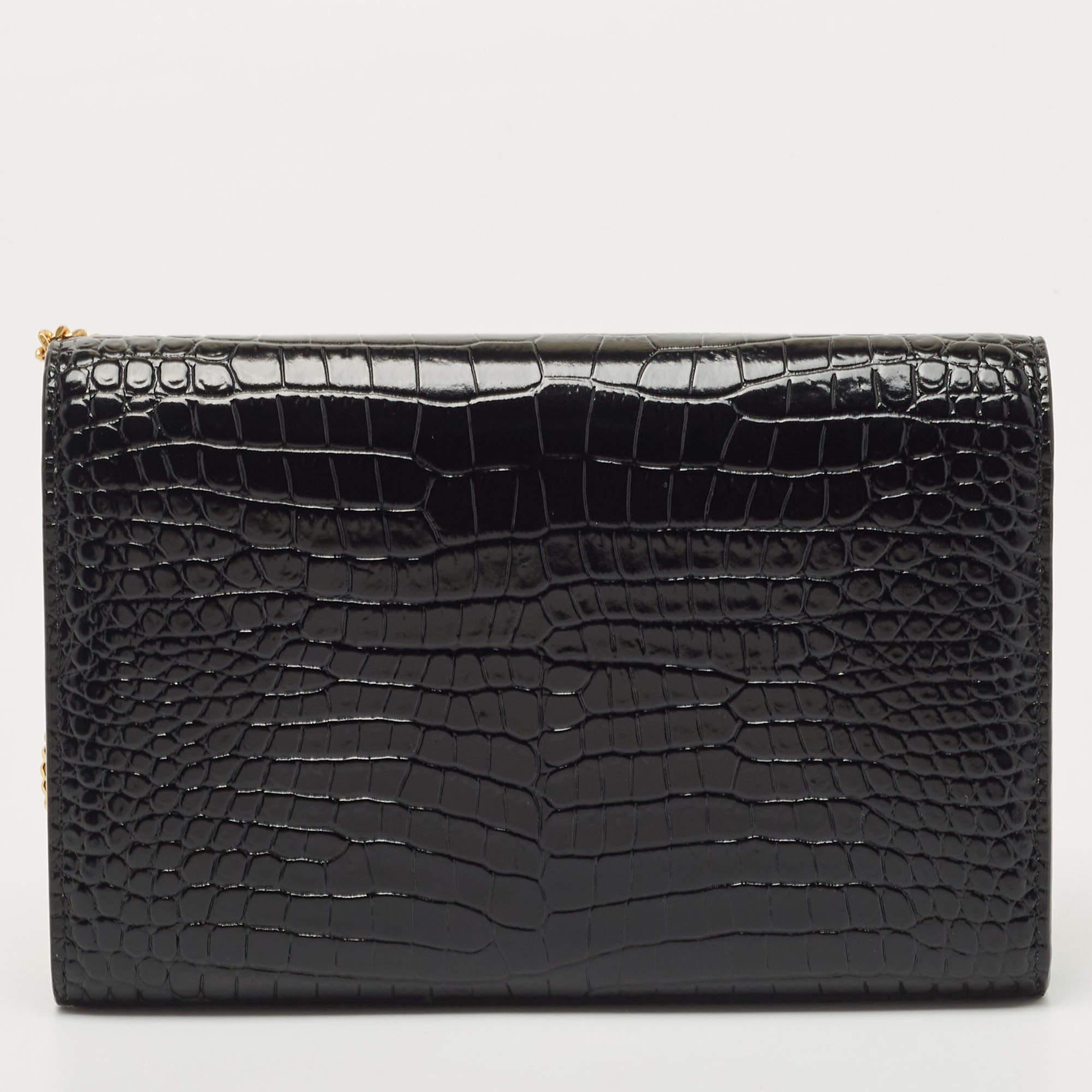 Women's Saint Laurent Black Croc Embossed Leather Monogram Wallet On Chain
