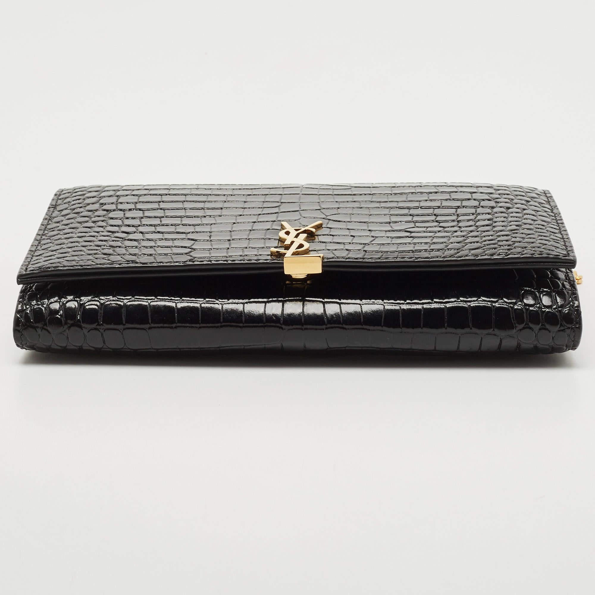 Saint Laurent Black Croc Embossed Leather Monogram Wallet On Chain 1