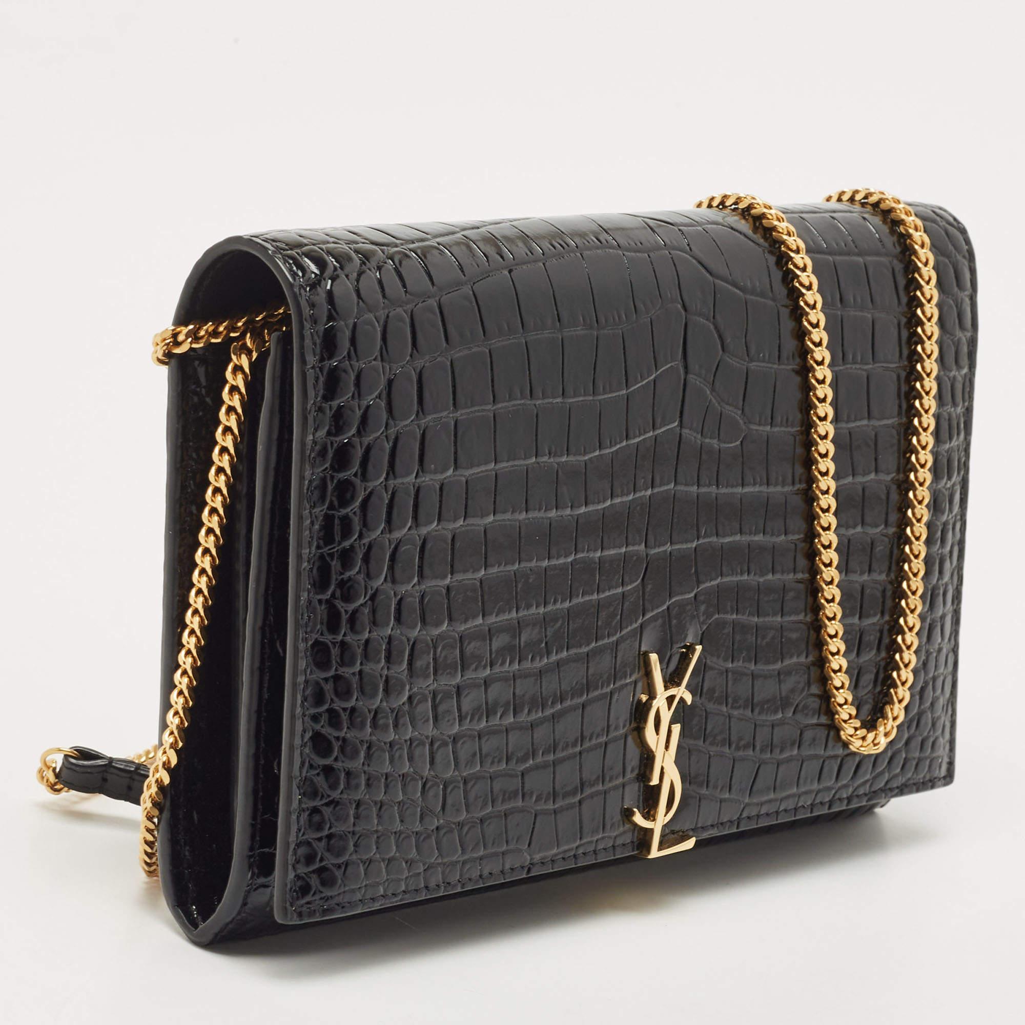Saint Laurent Black Croc Embossed Leather Monogram Wallet On Chain 1