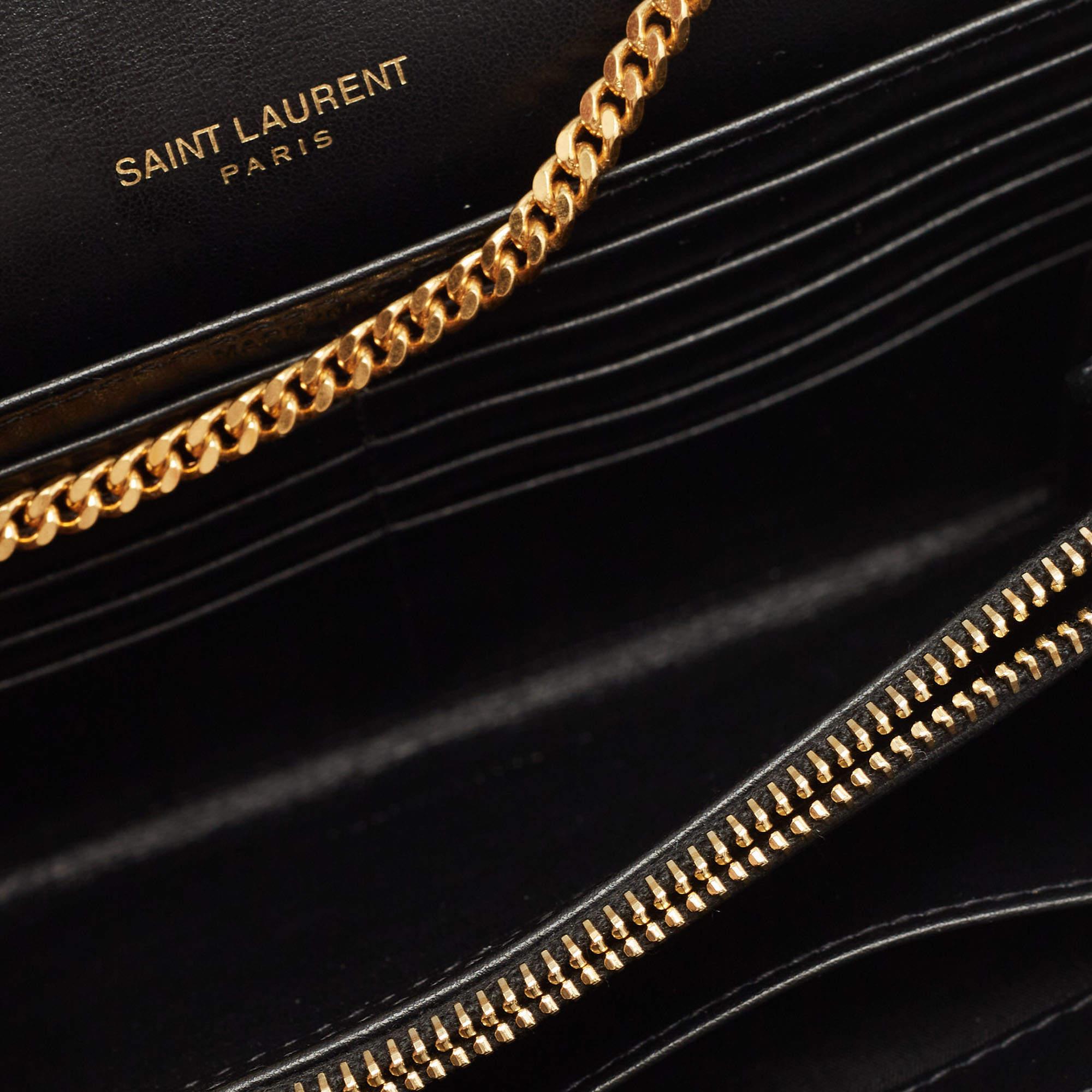 Saint Laurent Black Croc Embossed Leather Monogram Wallet On Chain 3
