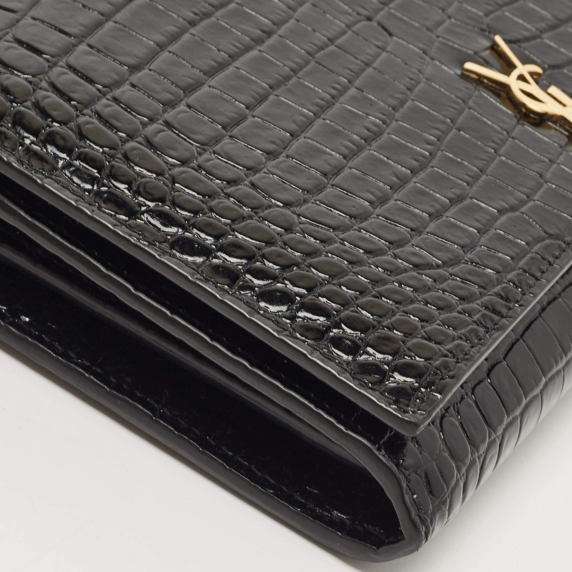Saint Laurent Black Croc Embossed Leather Monogram Wallet On Chain 4