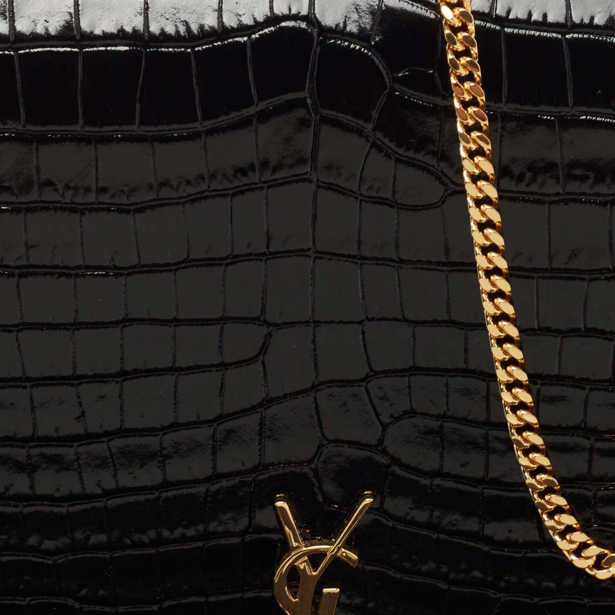 Saint Laurent Black Croc Embossed Leather Monogram Wallet On Chain 5