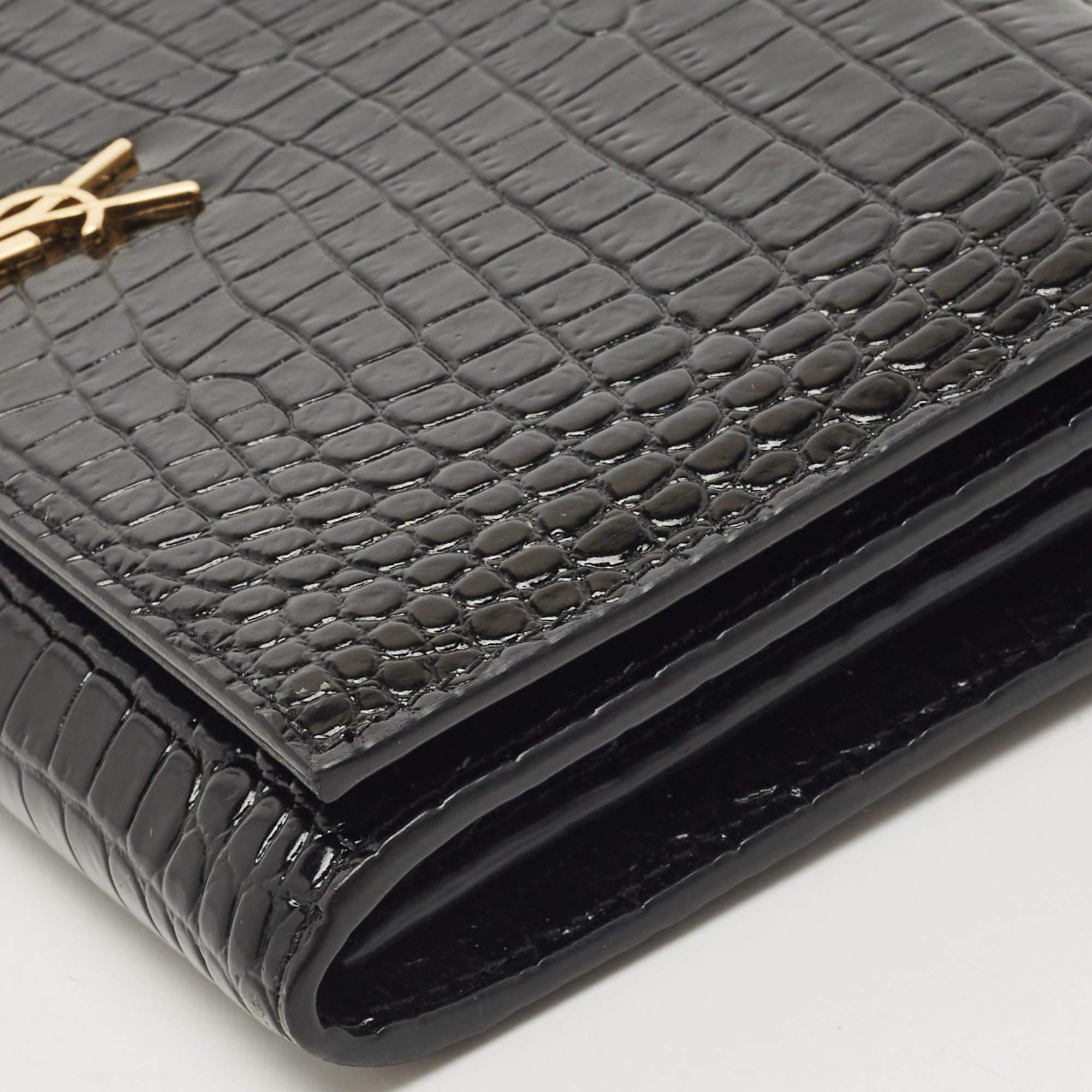 Saint Laurent Black Croc Embossed Leather Monogram Wallet On Chain 5