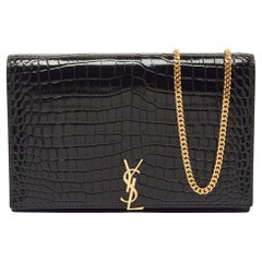 Saint Laurent Black Croc Embossed Leather Monogram Wallet On Chain