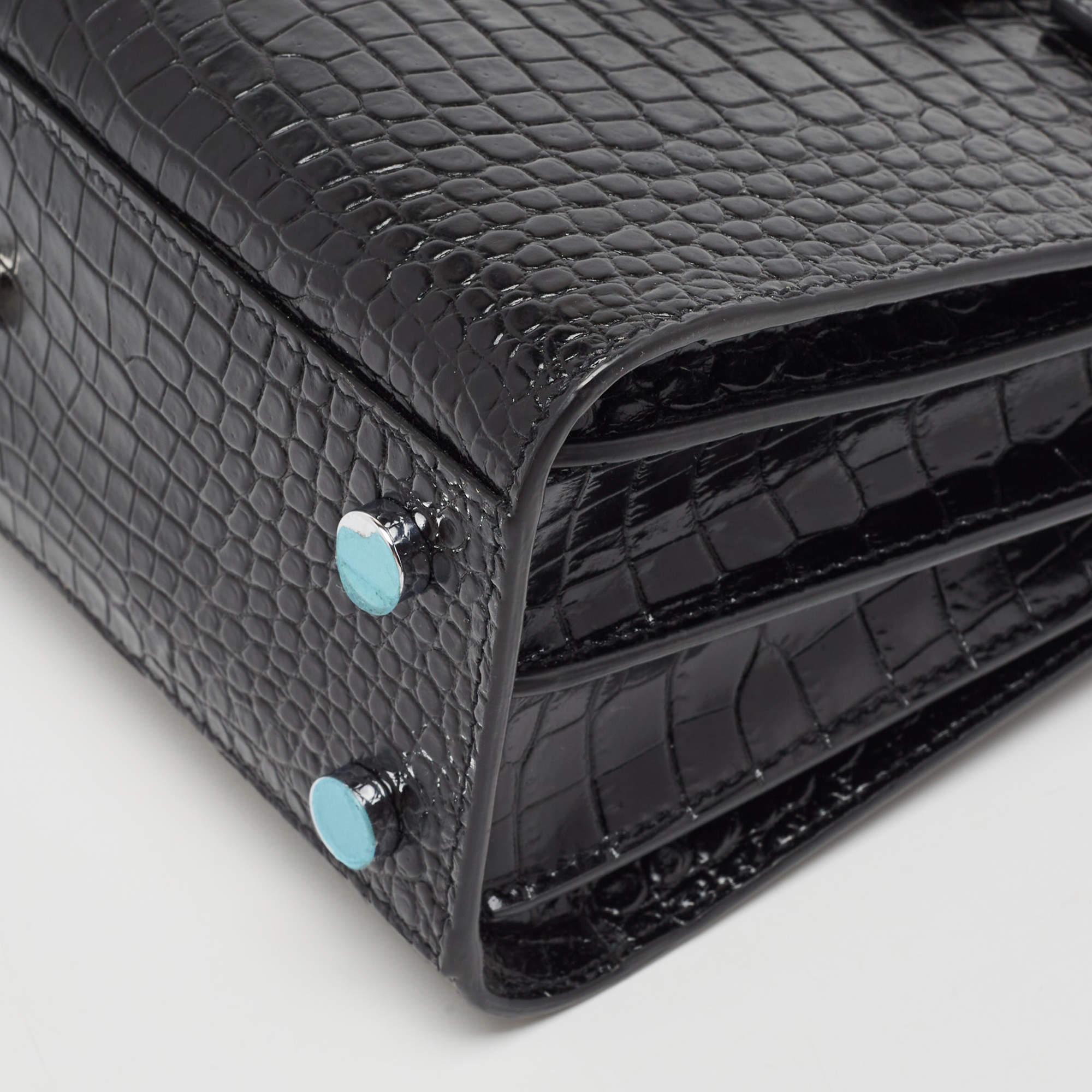 Women's Saint Laurent Black Croc Embossed Leather Nano Classic Sac De Jour Tote
