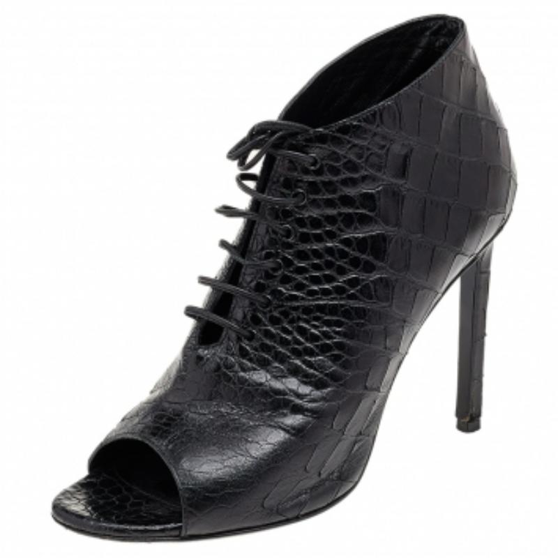 Saint Laurent Botines de piel de cocodrilo negra con puntera abierta Talla 37.5 Negro en venta
