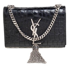 Saint Laurent Black Croc Embossed Leather Small Kate Tassel Crossbody Bag