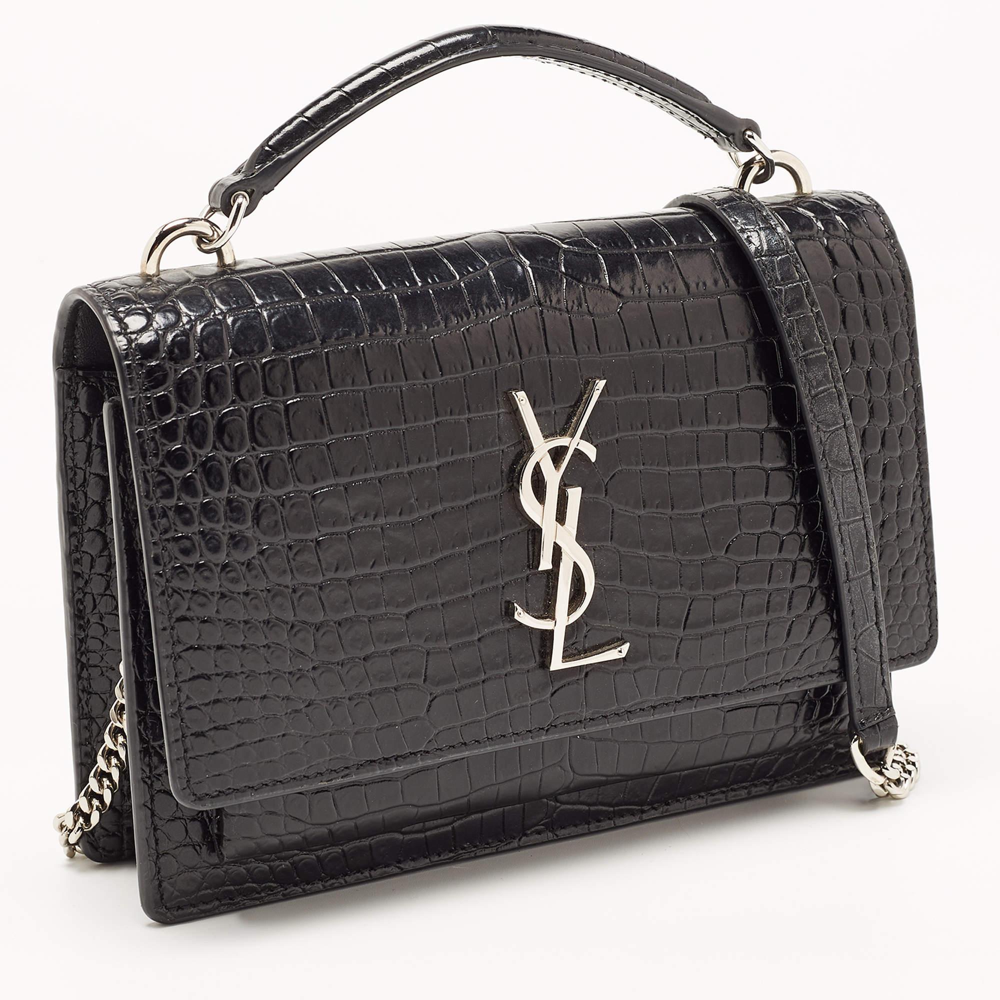 Women's Saint Laurent Black Croc Embossed Leather Sunset Chain Wallet Bag For Sale