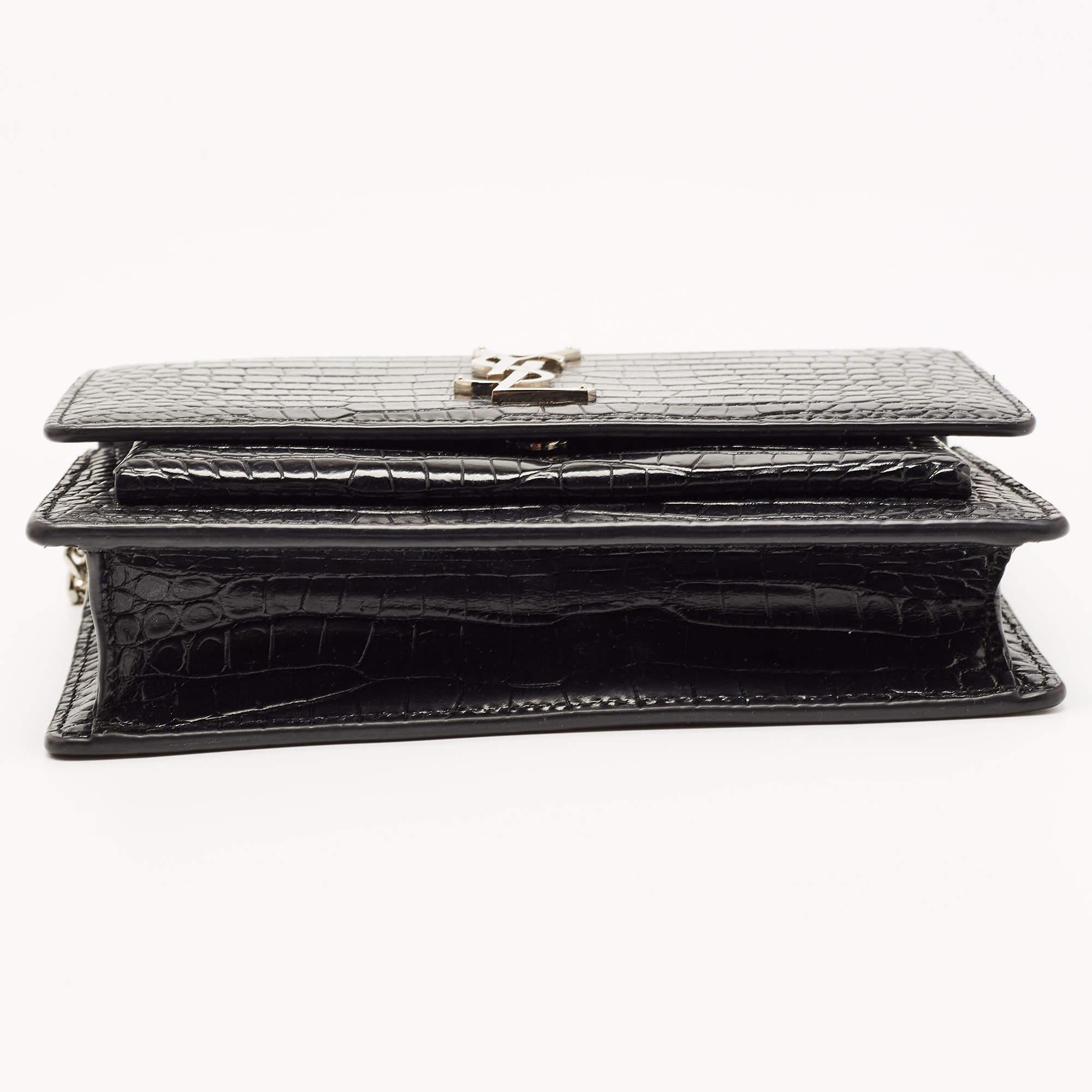 Saint Laurent Black Croc Embossed Leather Sunset Chain Wallet Bag For Sale 1