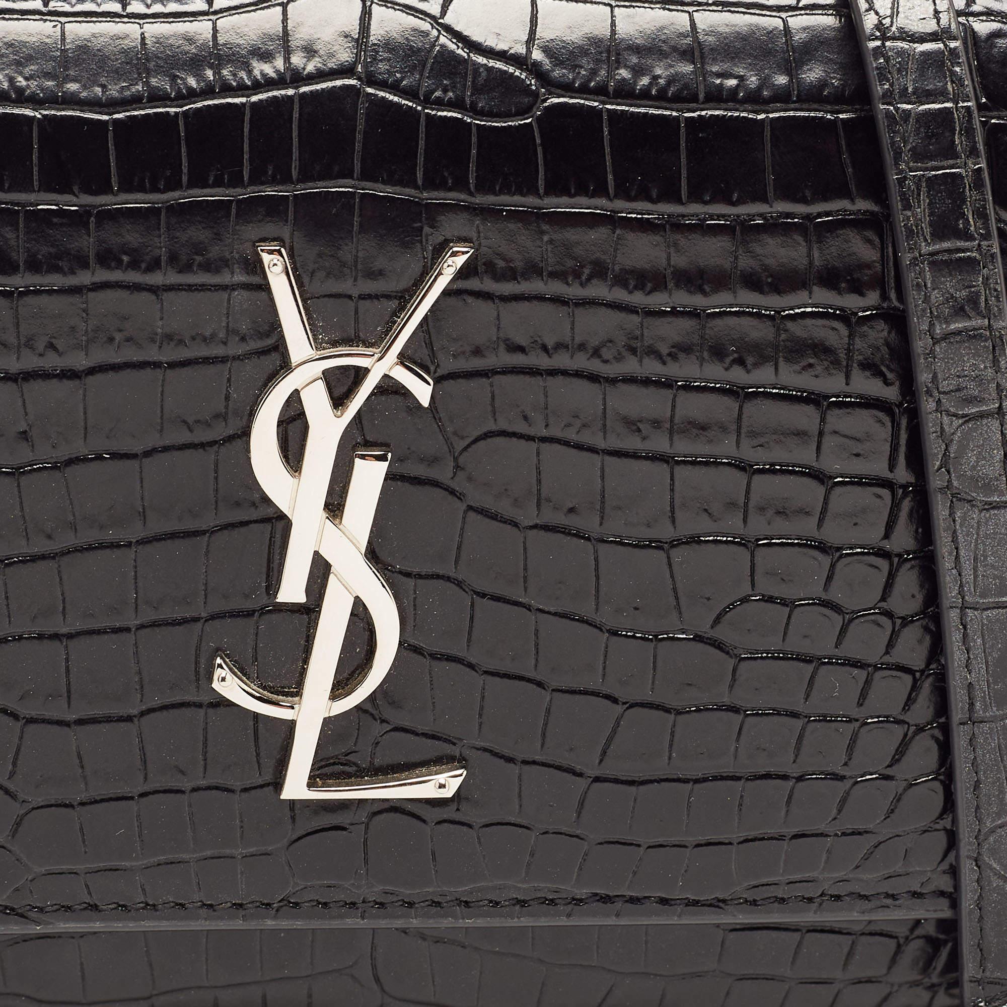 Saint Laurent Black Croc Embossed Leather Sunset Chain Wallet Bag For Sale 2