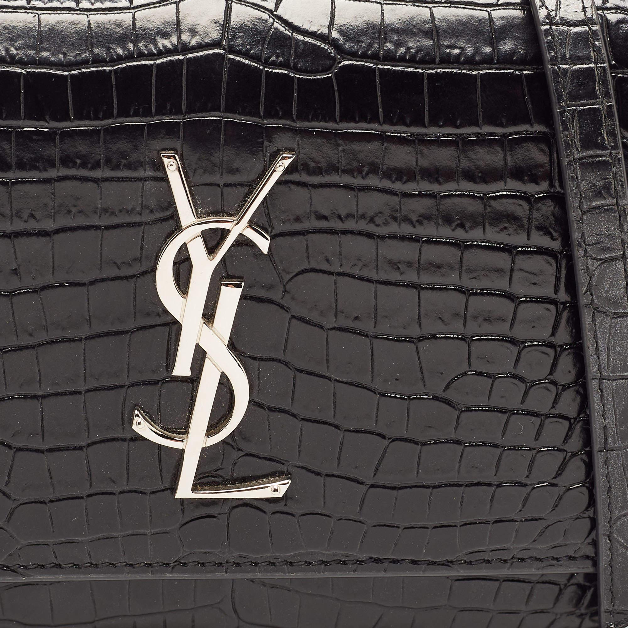 Saint Laurent Black Croc Embossed Leather Sunset Chain Wallet Bag 3