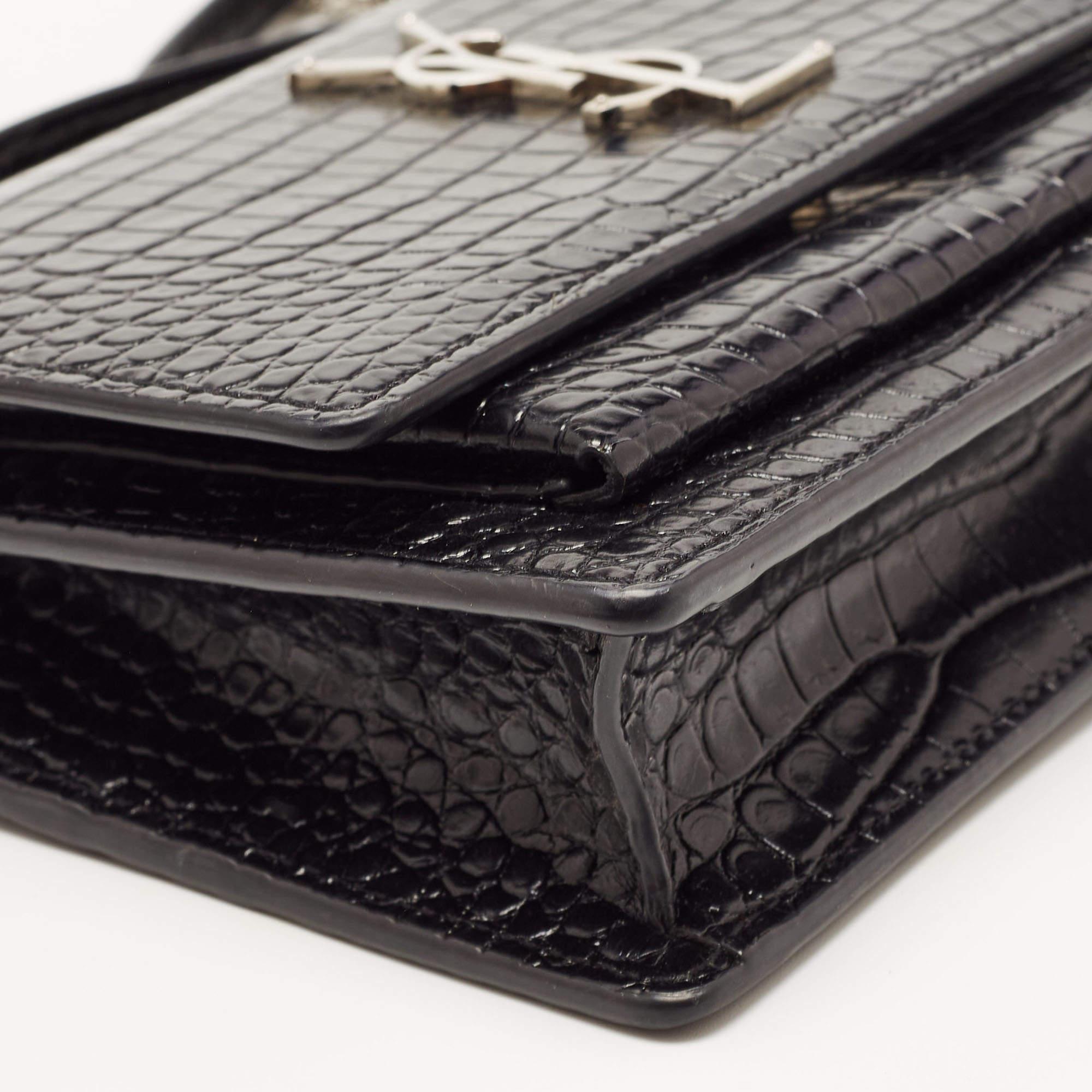 Saint Laurent Black Croc Embossed Leather Sunset Chain Wallet Bag For Sale 4