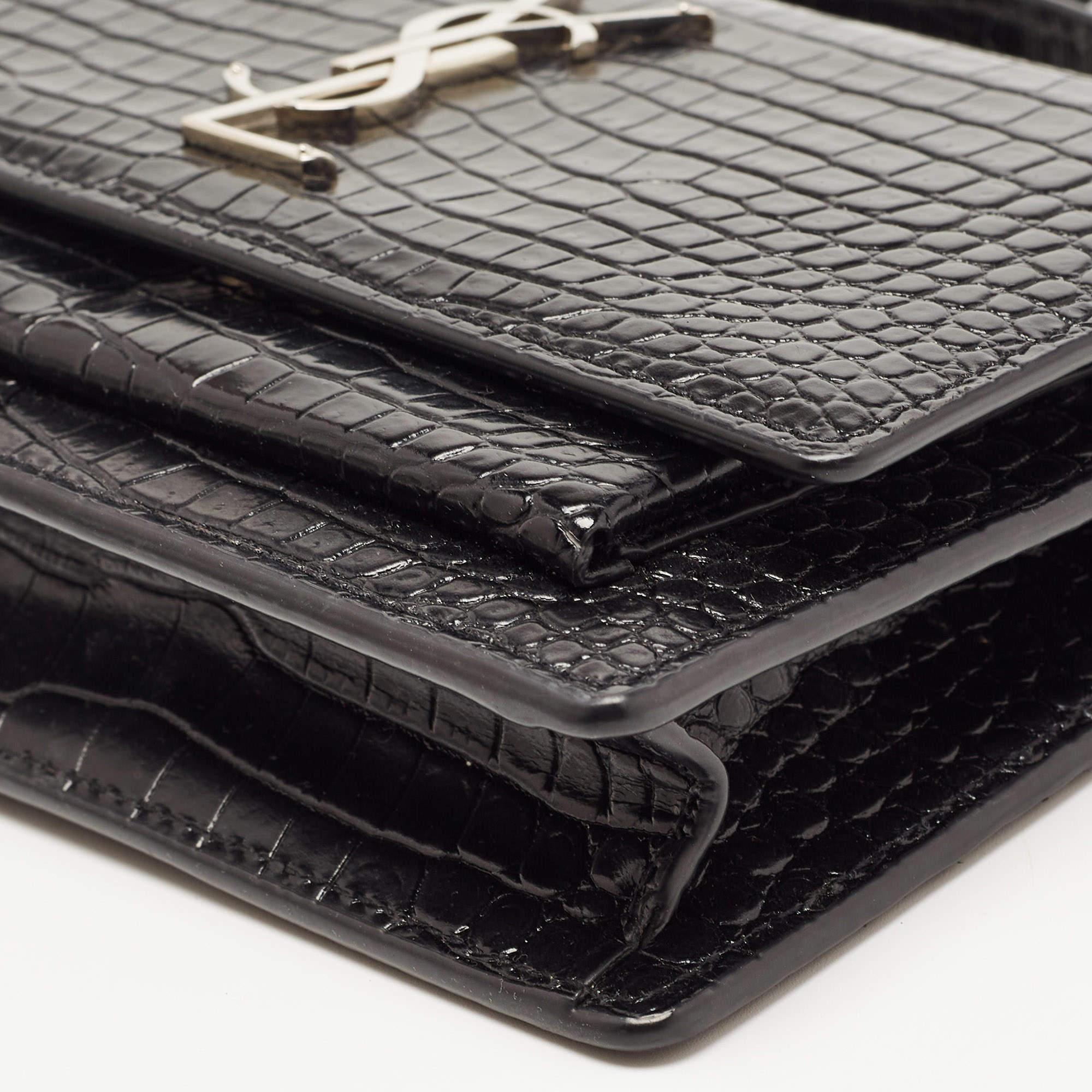 Saint Laurent Black Croc Embossed Leather Sunset Chain Wallet Bag For Sale 5
