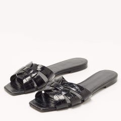 Saint Laurent Black Croc Embossed Leather Tribute Flat Slides Size 39