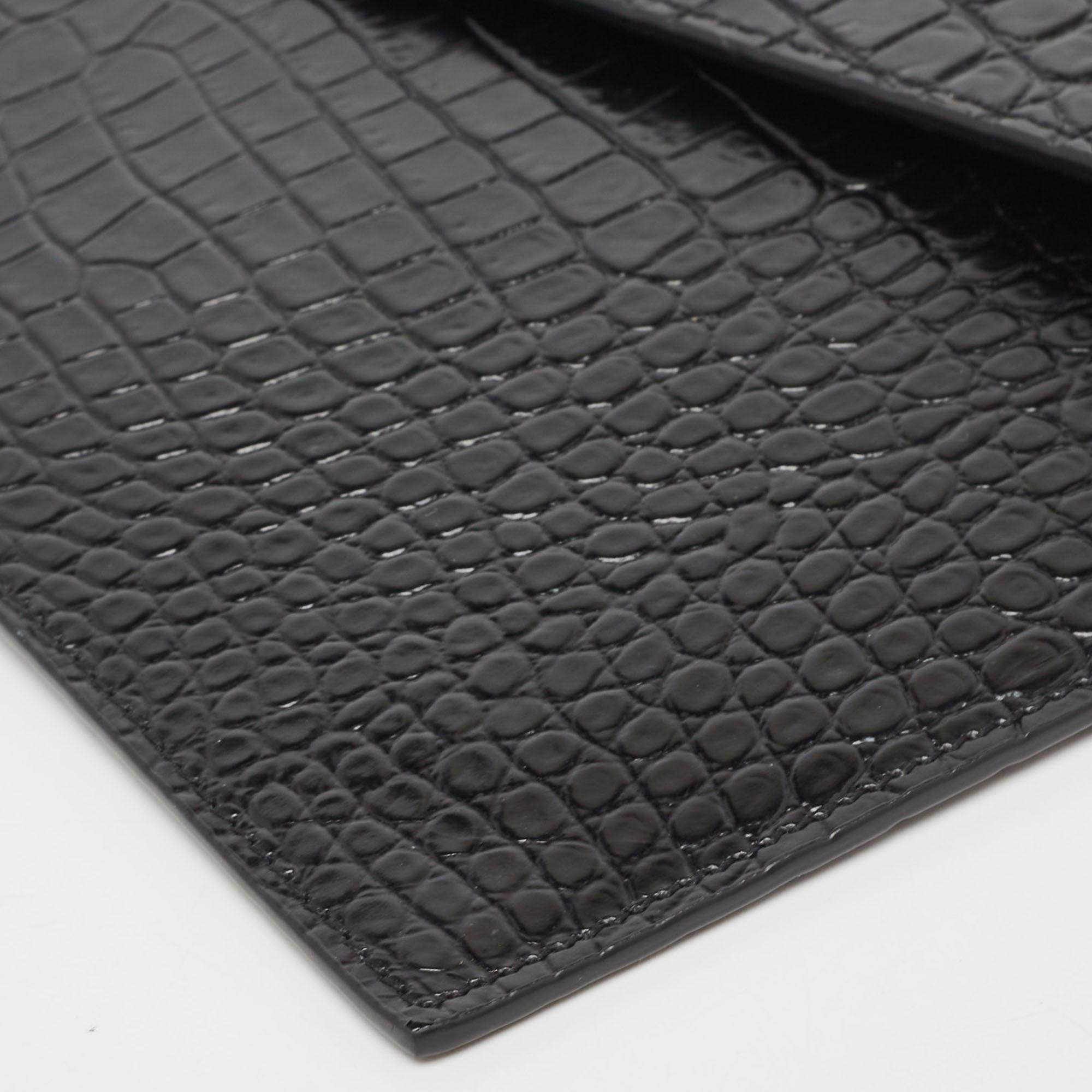 Saint Laurent Black Croc Embossed Leather Uptown Clutch 1