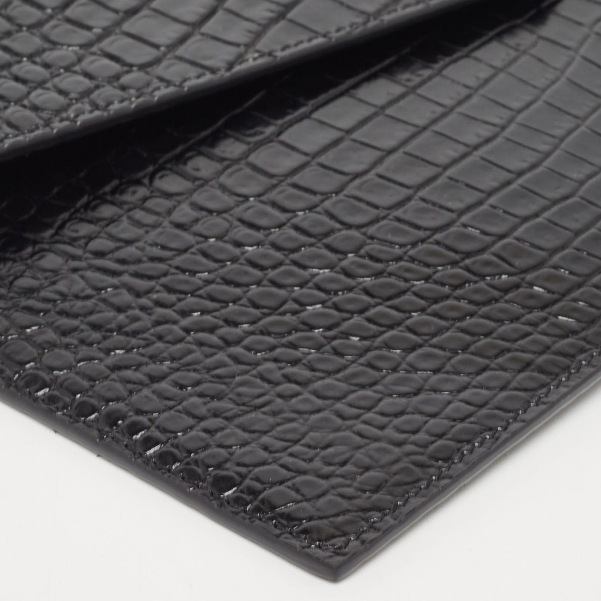 Saint Laurent Black Croc Embossed Leather Uptown Clutch 2