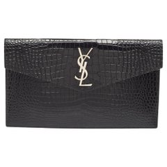 Saint Laurent Black Croc Embossed Leather Uptown Clutch