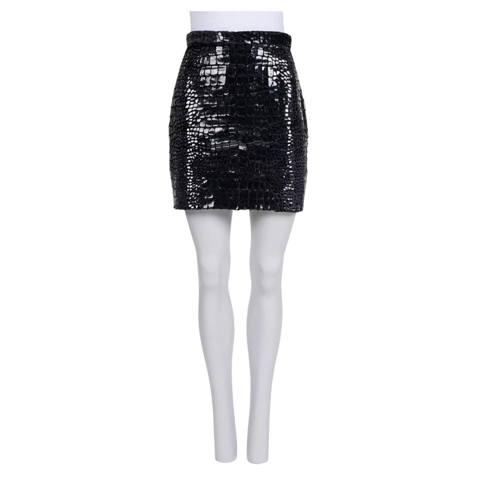 Saint Laurent Black Croc-Embossed Mini Skirt, Size FR 38, Silk Blend For Sale