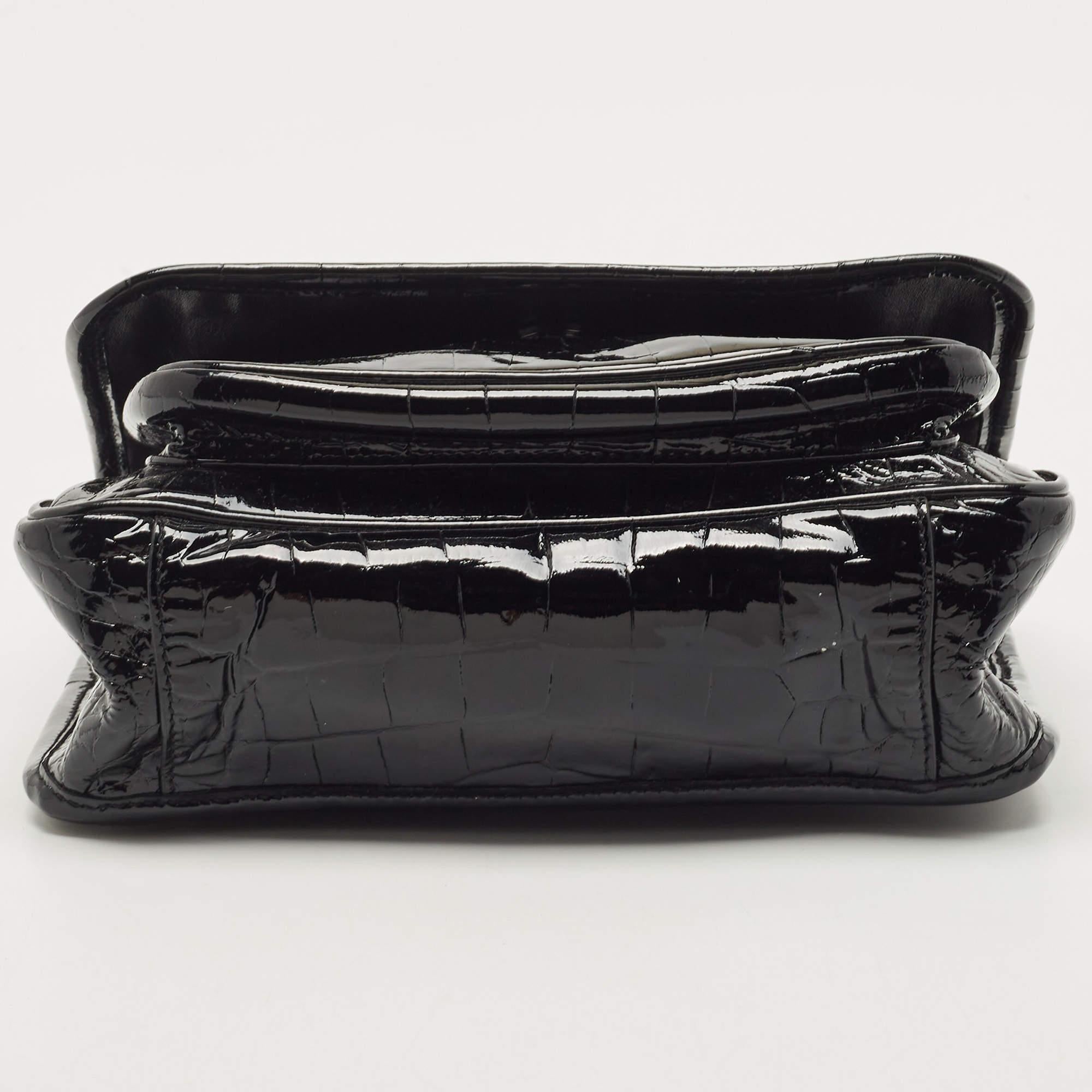 Women's Saint Laurent Black Croc Embossed Patent Leather Baby Niki Chain Shoulder Bag