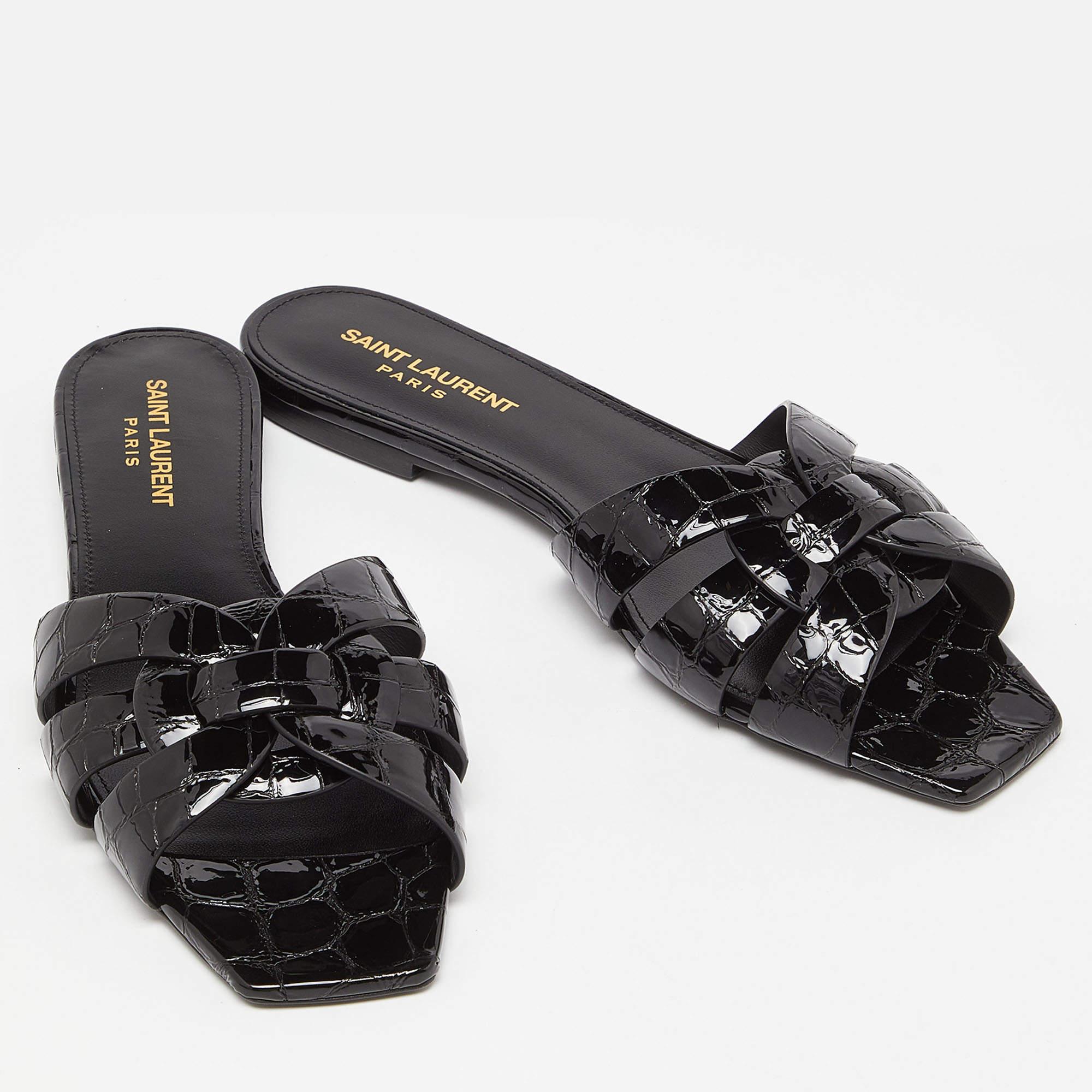 Saint Laurent Black Croc Embossed Patent Leather Tribute Flat Slides Size 38.5 In New Condition In Dubai, Al Qouz 2