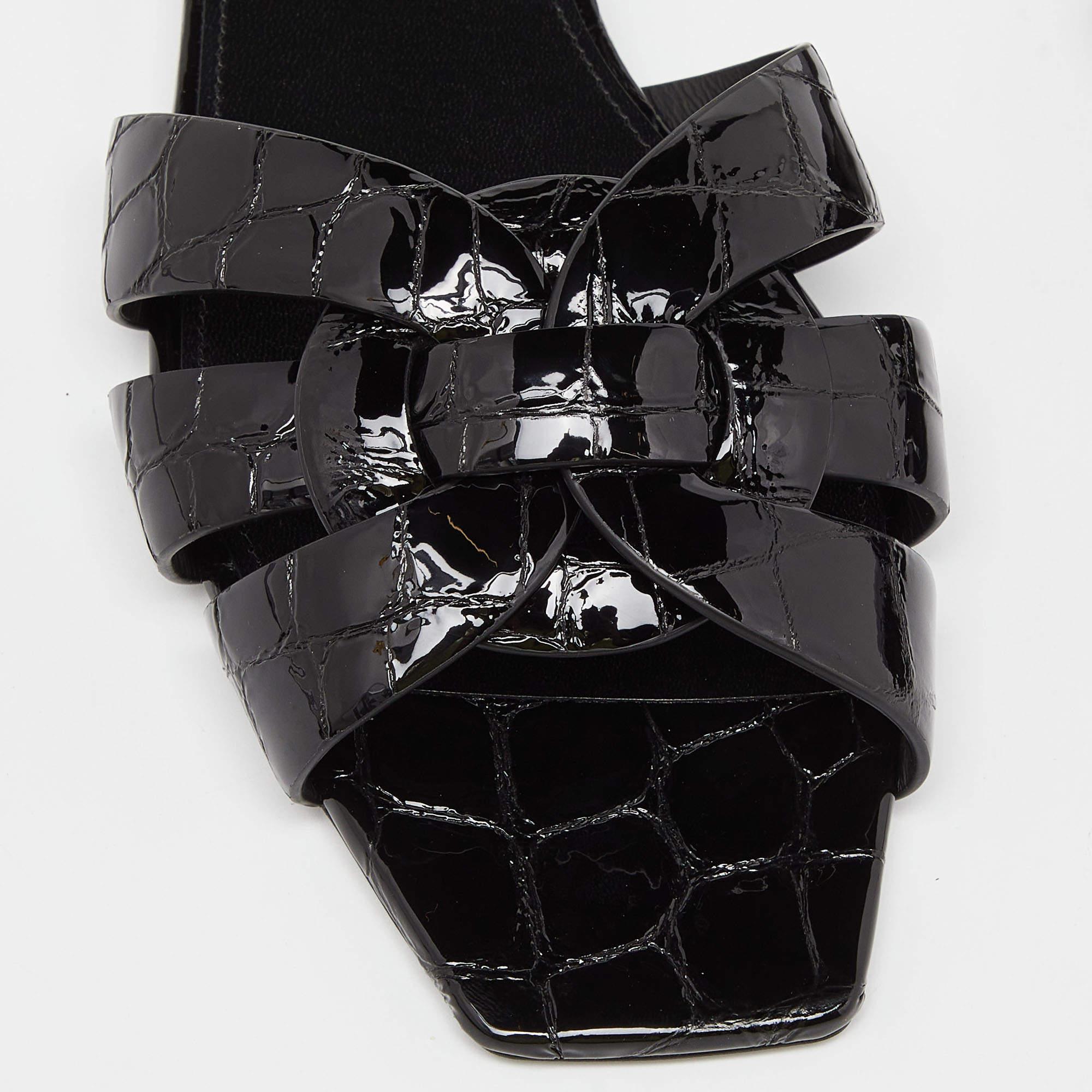 Women's Saint Laurent Black Croc Embossed Patent Leather Tribute Flat Slides Size 38.5