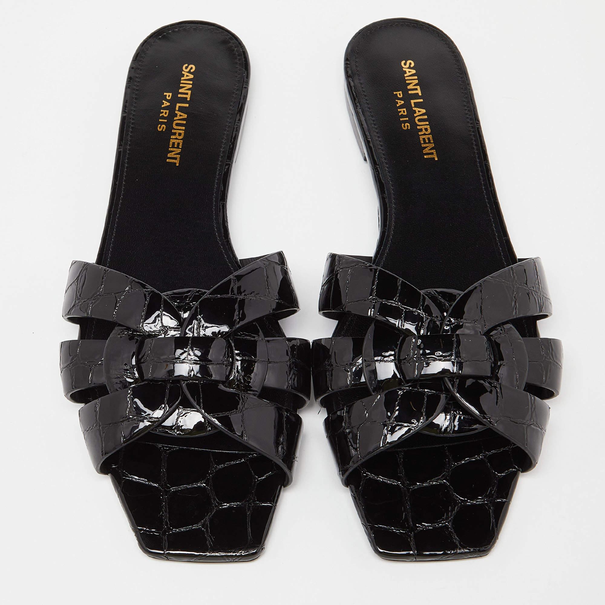 Women's Saint Laurent Black Croc Embossed Patent Leather Tribute Flat Slides Size 38.5