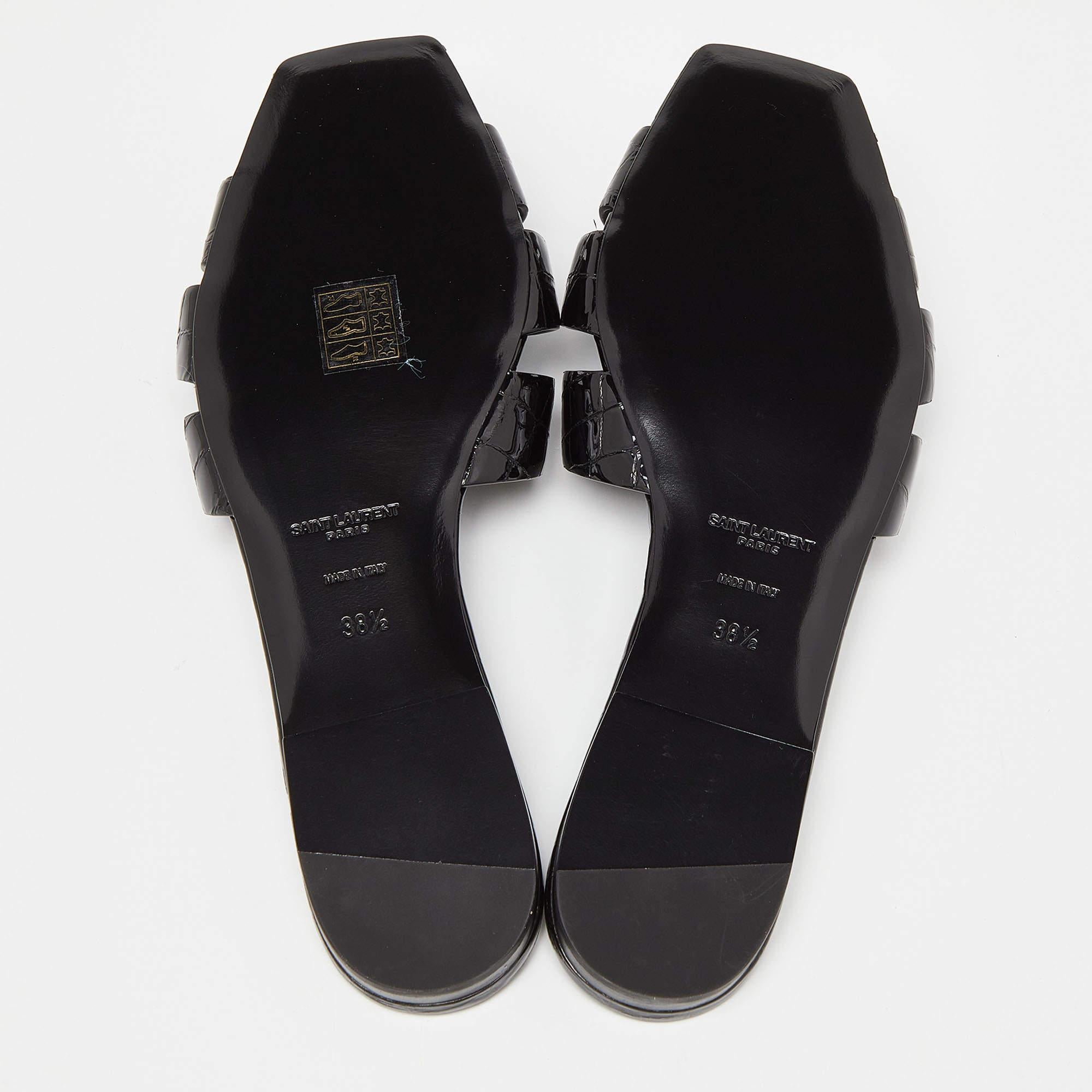 Saint Laurent Black Croc Embossed Patent Leather Tribute Flat Slides Size 38.5 1