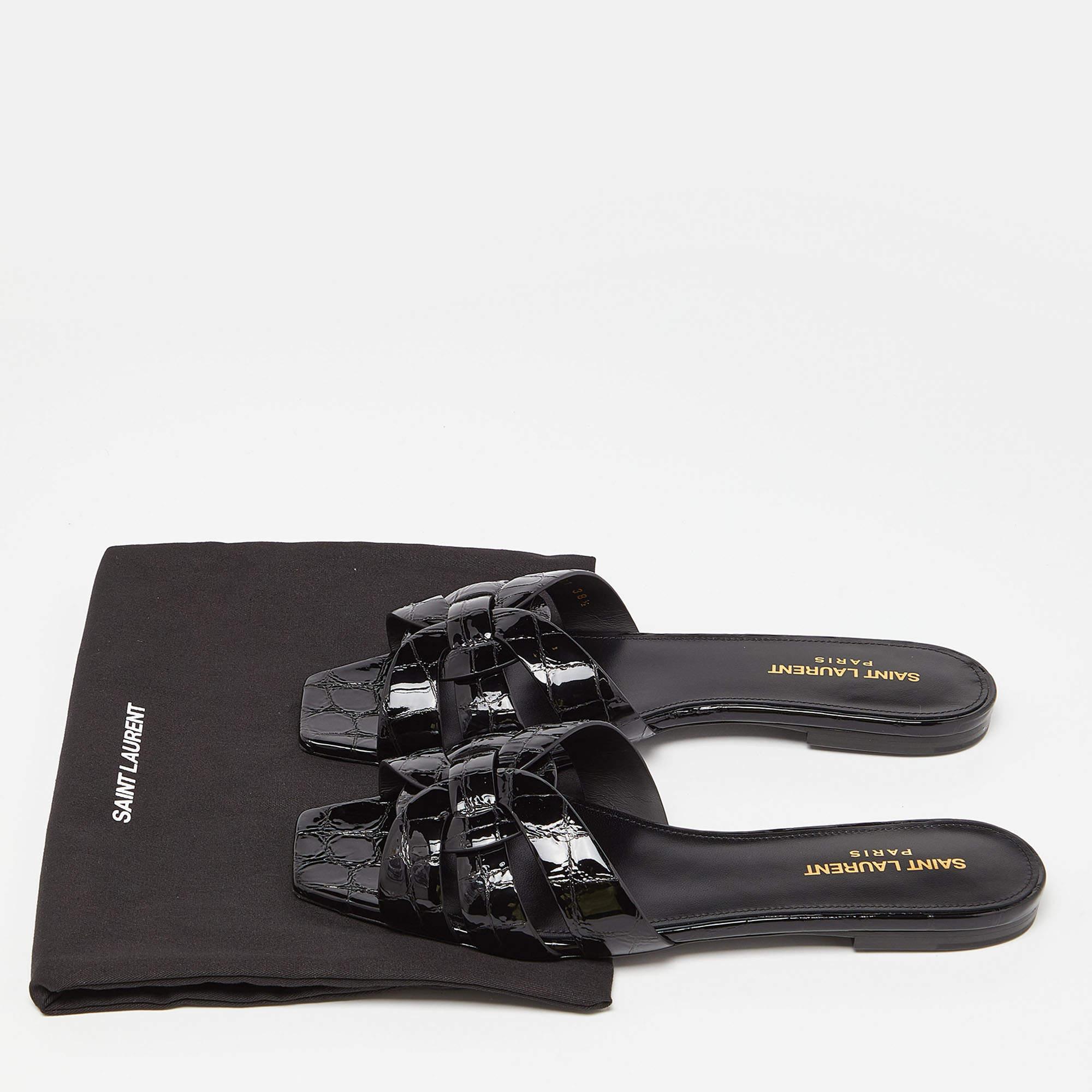 Saint Laurent Black Croc Embossed Patent Leather Tribute Flat Slides Size 38.5 2