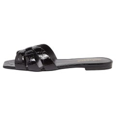 Saint Laurent Black Croc Embossed Patent Leather Tribute Flat Slides Size 38.5