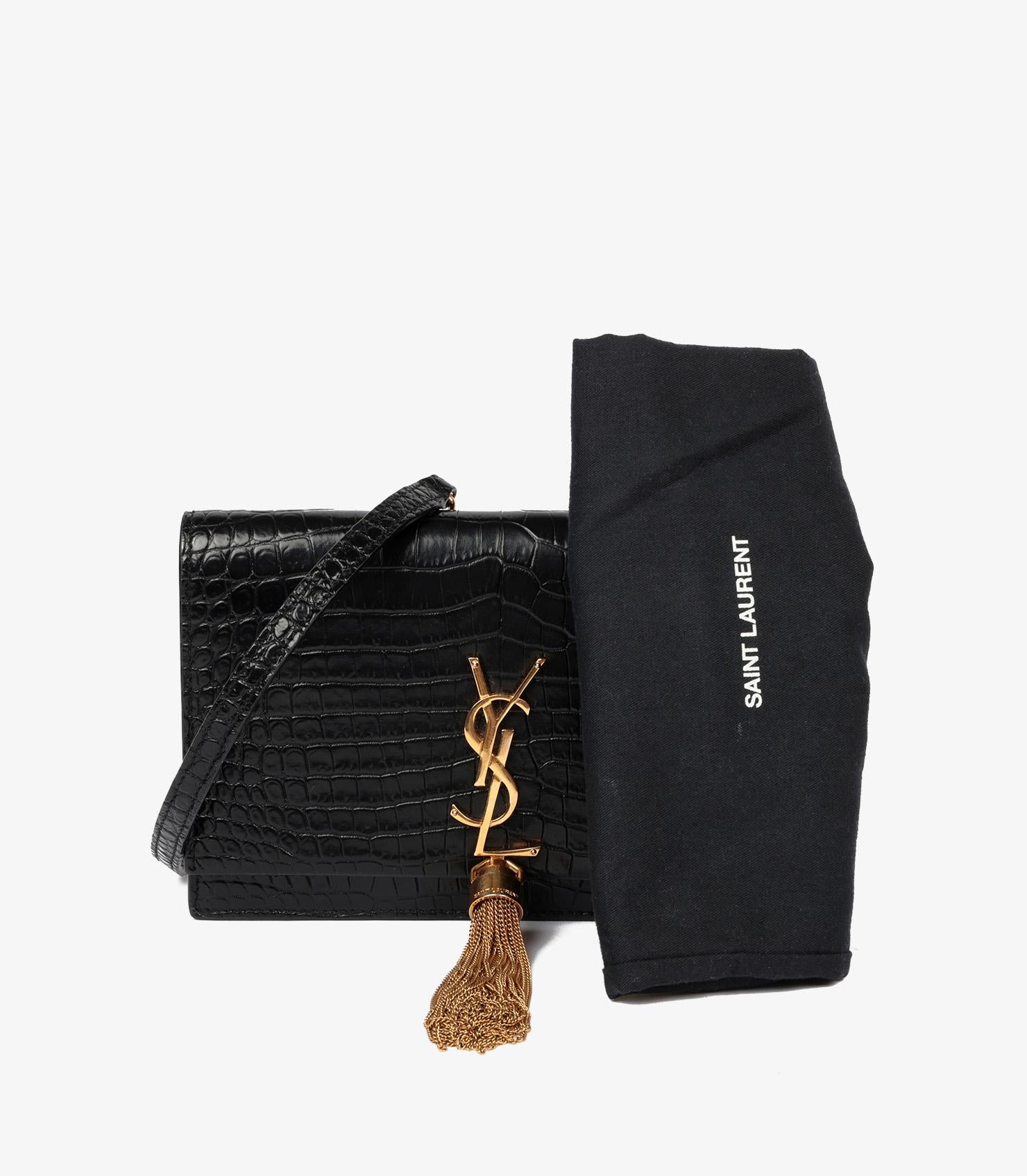 Saint Laurent Black Crocodile Embossed Calfskin Leather Kate Wallet-on-Chain WOC 6