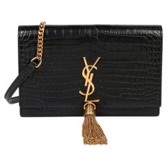 Saint Laurent Black Crocodile Embossed Calfskin Leather Kate Wallet-on-Chain WOC