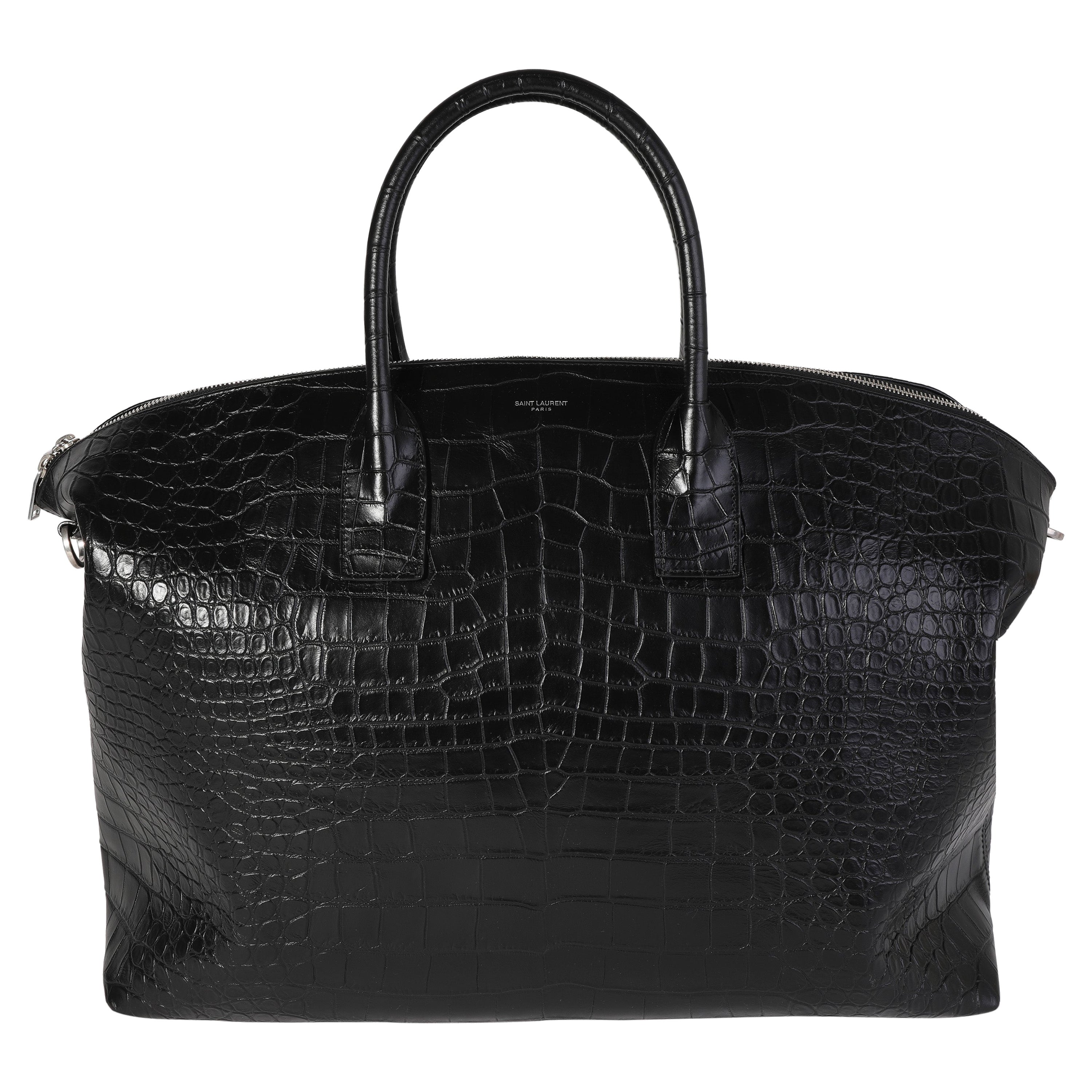 Saint Laurent Schwarze Giant Bowlingtasche mit Krokodilprägung