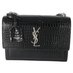 Saint Laurent Medium Sunset Bag, Black Croc Embossed, Gold Hardware