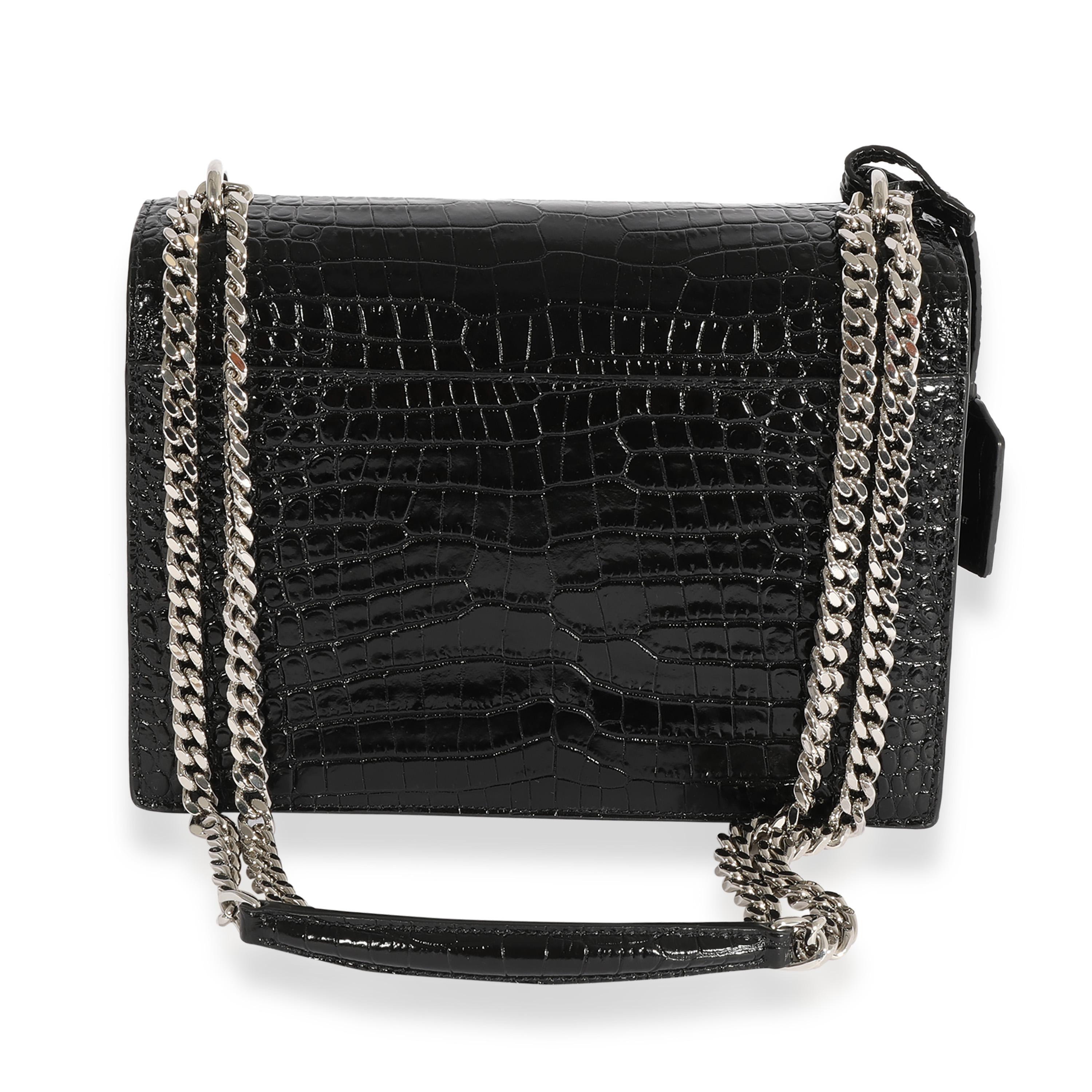 Listing Title: Saint Laurent Black Crocodile-Embossed Medium Sunset Bag
SKU: 124132
MSRP: 2690.00
Condition: Pre-owned 
Handbag Condition: Excellent
Condition Comments: Excellent Condition. Plastic on some hardware. Light scuffing to lining. No