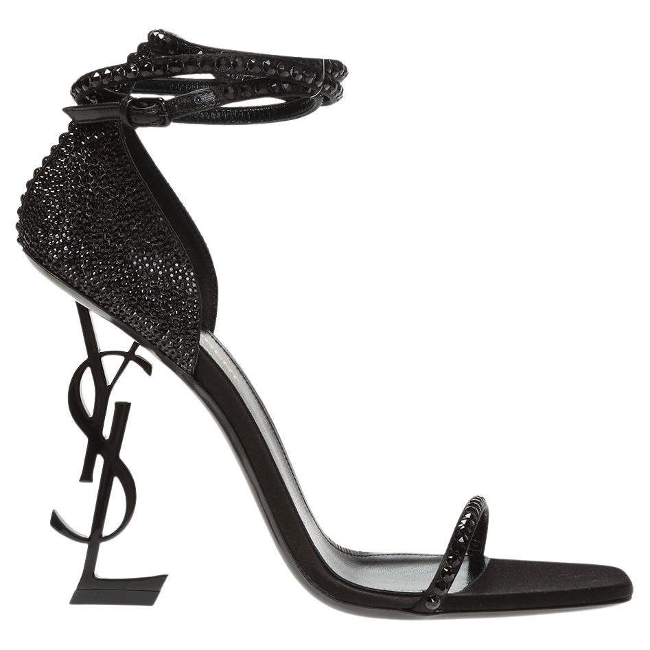 Saint Laurent Black Crystal Embellished Opyum 110 Heeled Sandal Size 38