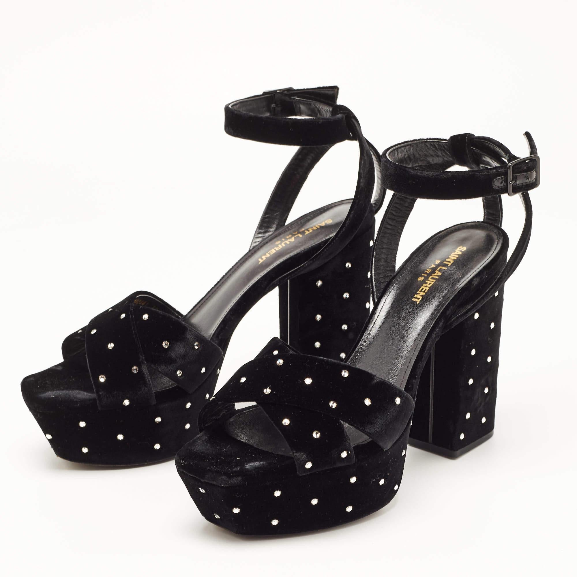 Saint Laurent Black Crystal Embellished Velvet Farrah Sandals Size 40 In Good Condition For Sale In Dubai, Al Qouz 2
