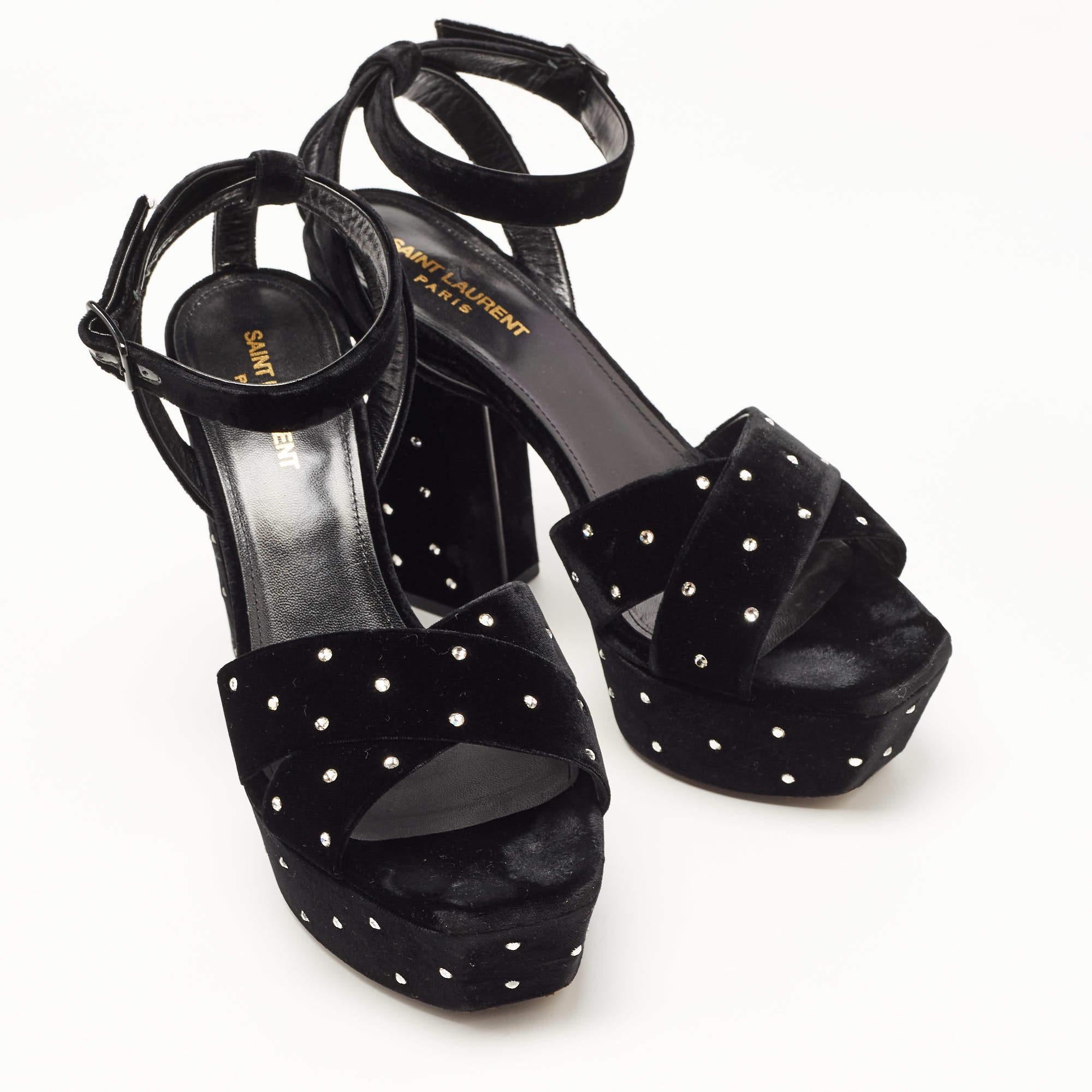 Women's Saint Laurent Black Crystal Embellished Velvet Farrah Sandals Size 40 For Sale