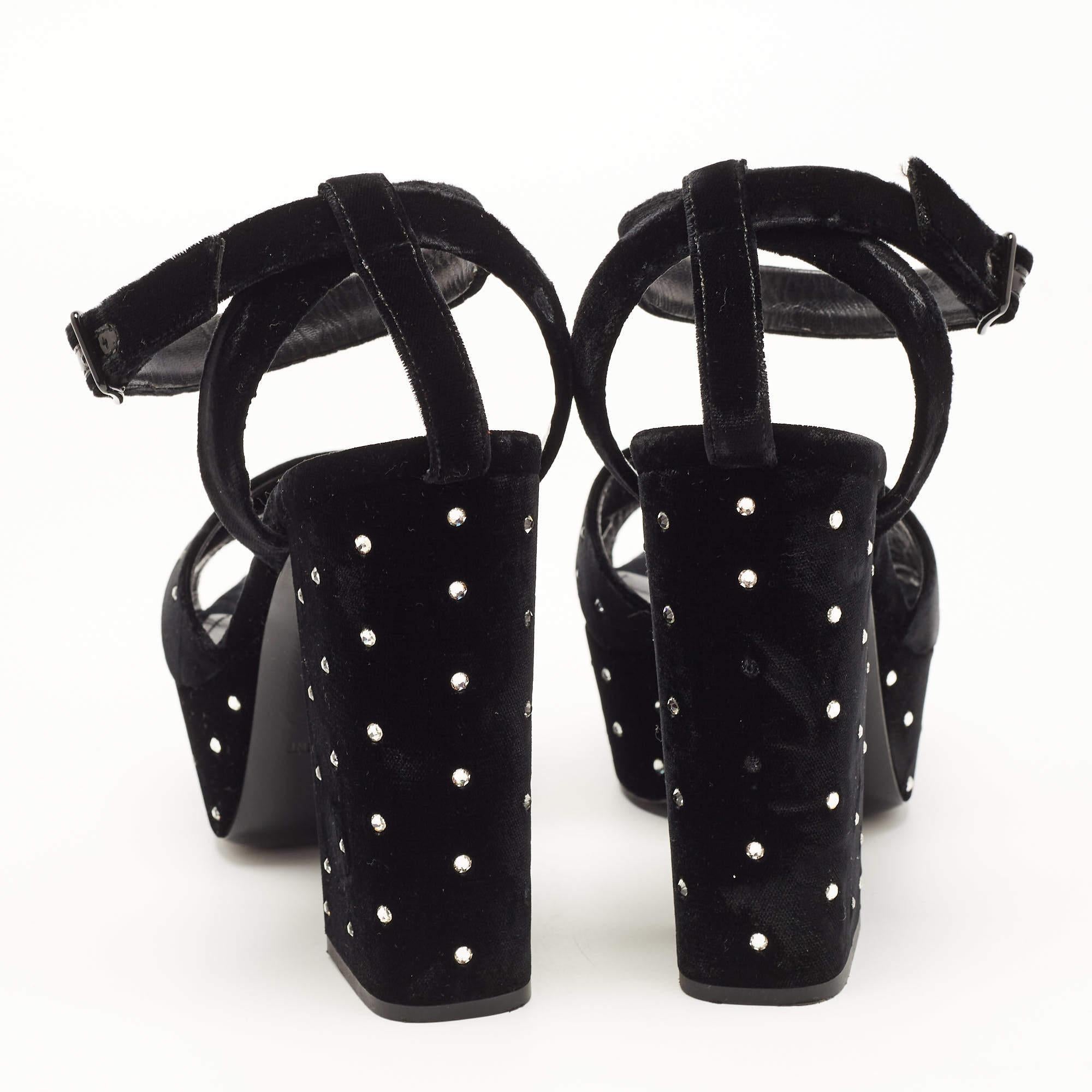 Saint Laurent Black Crystal Embellished Velvet Farrah Sandals Size 40 For Sale 3