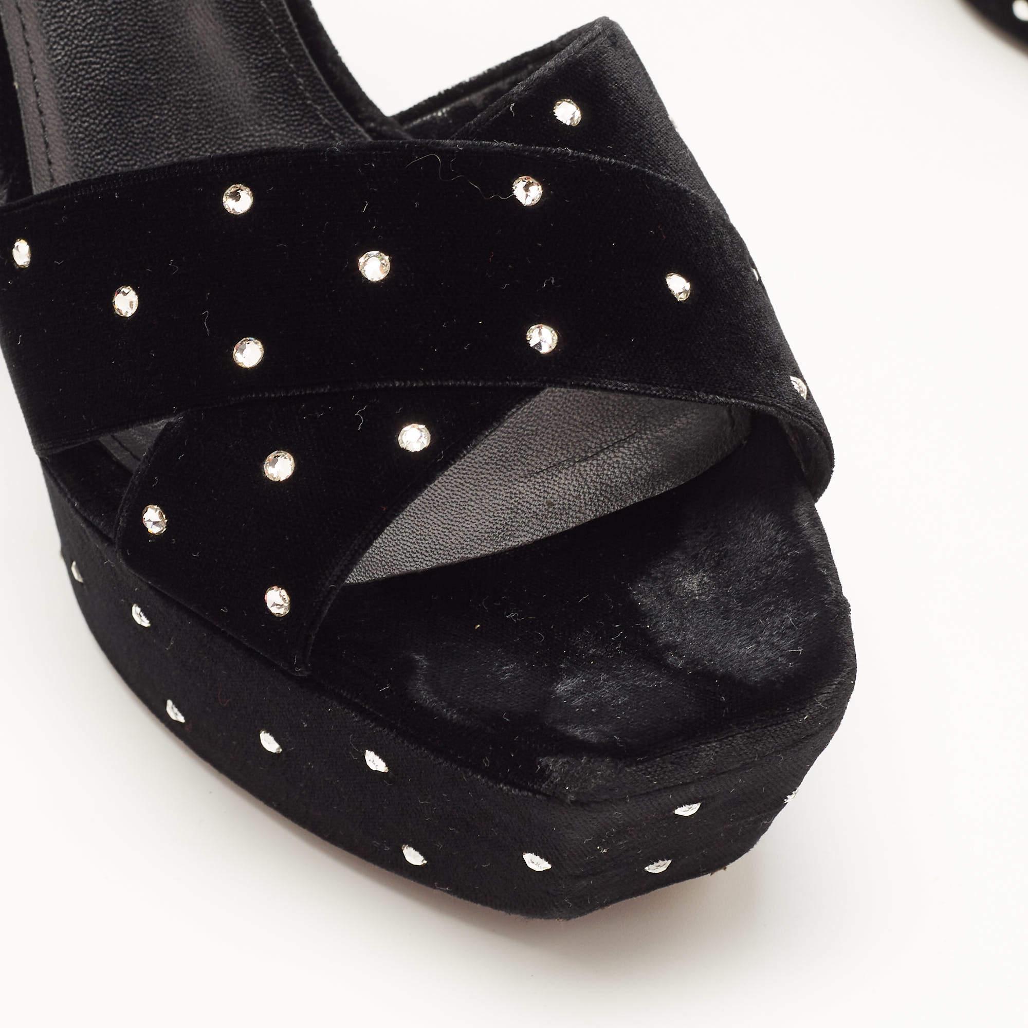 Saint Laurent Black Crystal Embellished Velvet Farrah Sandals Size 40 For Sale 4